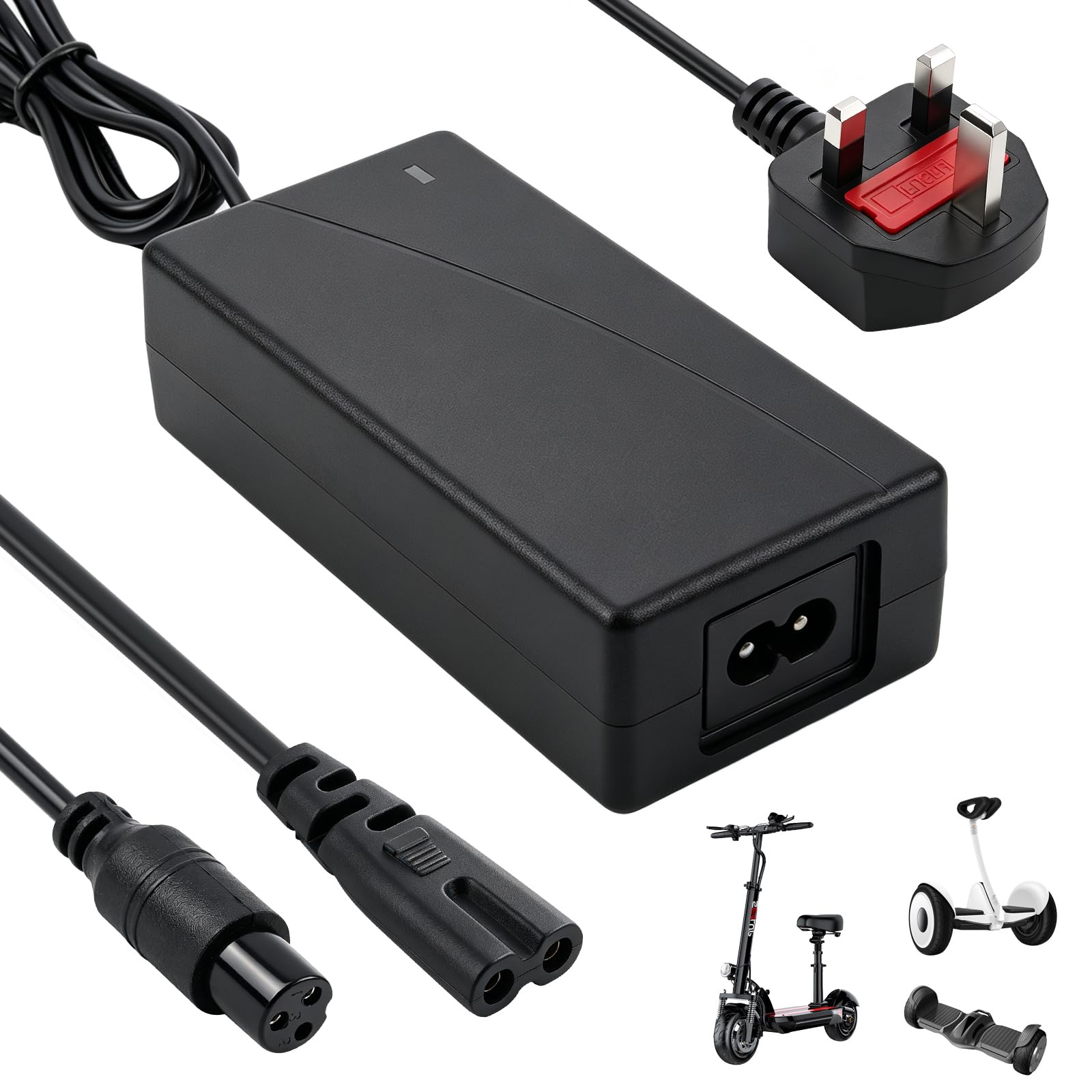 Electric Scooter Charger, 42V 2A Hoverboard Charger with Safety Protection for Mobility Scooter,Electric Bike, Self-Balancing Scooters, UK 3 Pin Plug