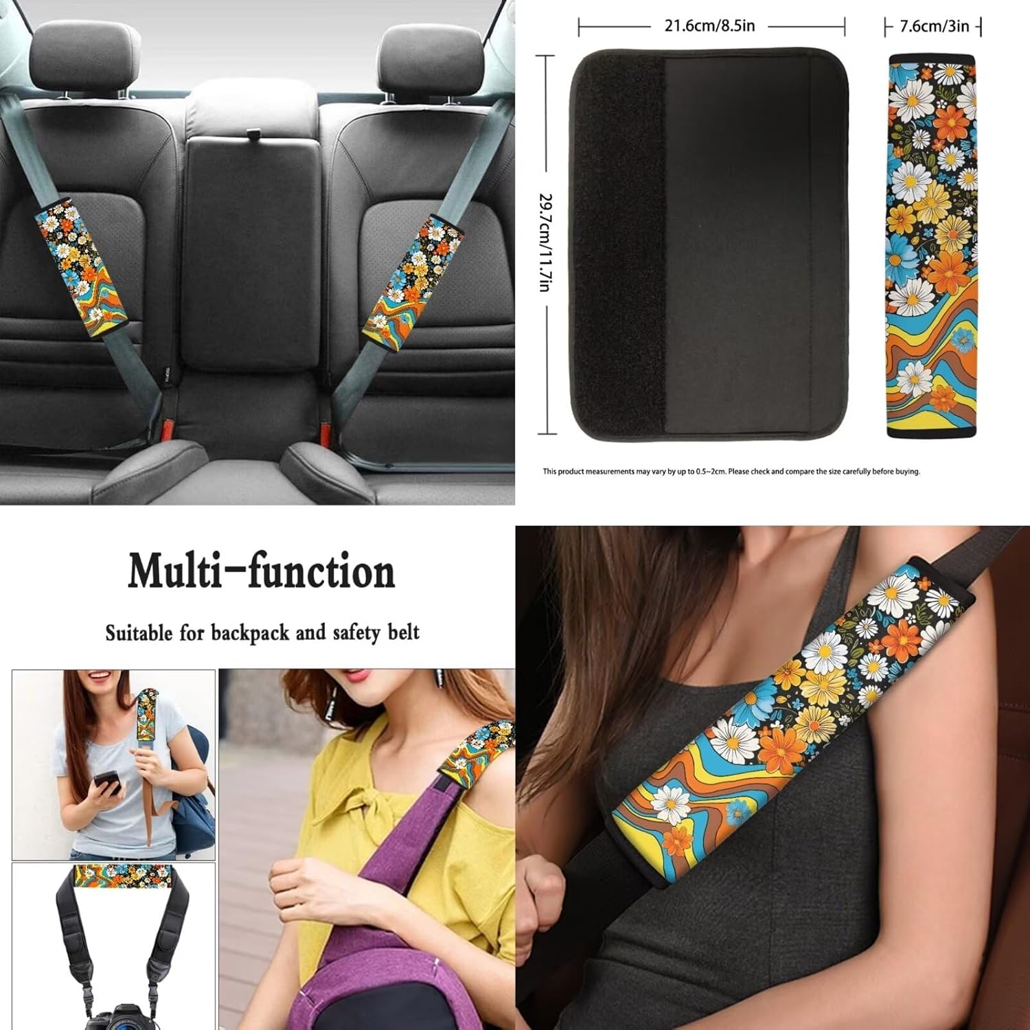 12 Pcs Hippie Flower Car Seat Covers Full Set for Women Lady,Retro Daisy Flower Colorful Swirl Wavy Auto Seat Protection Groovy Floral Steering Wheel Cover Car Coaster Automotive Interior Set