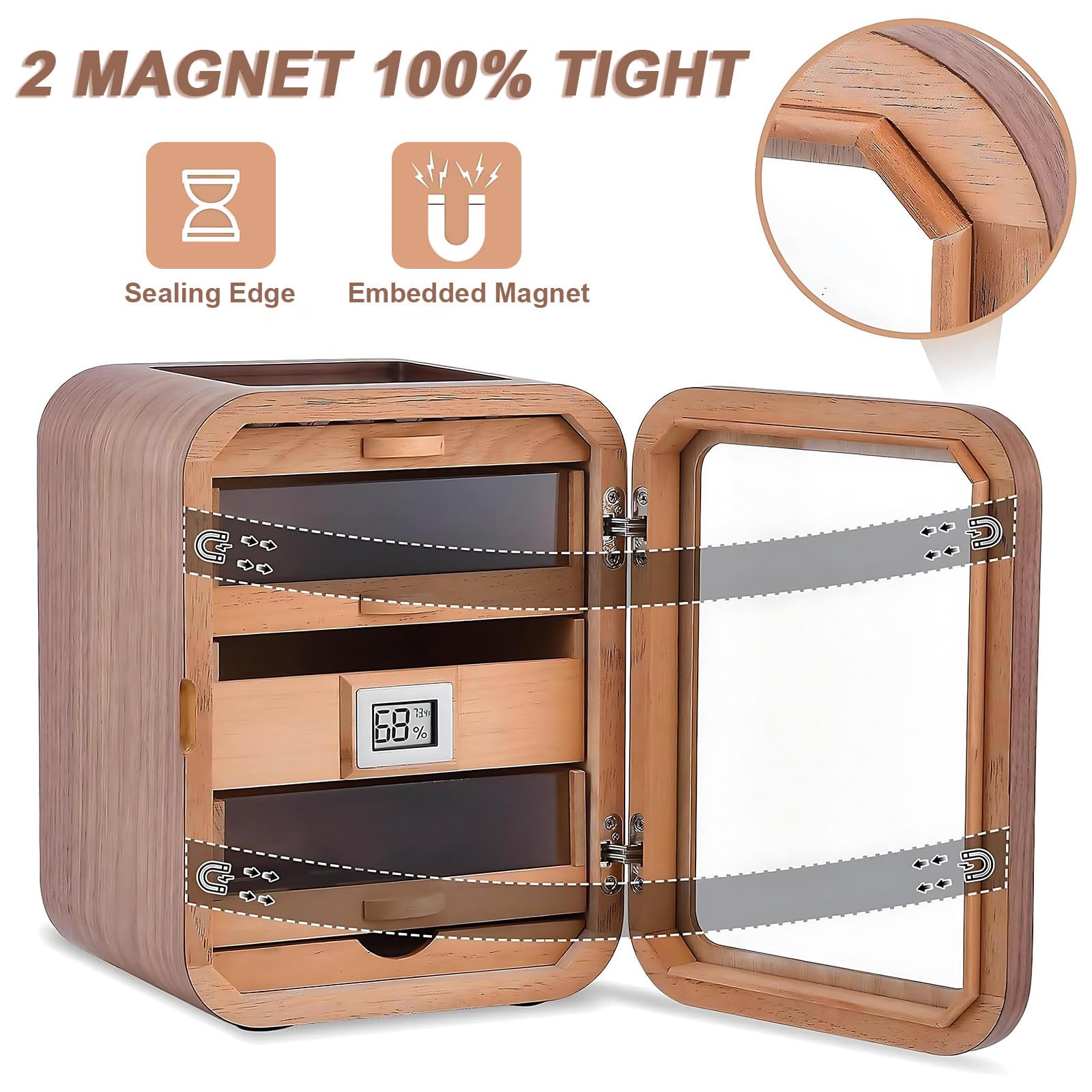 Cave A Cigare,Humidor Cigare & Boîte À Cigares Fenêtre Hautement Transparente (Surveille Températures/Humidité),pour Utilisation sur Bureau dans des Études Ou Bureaux WithoutSkylight