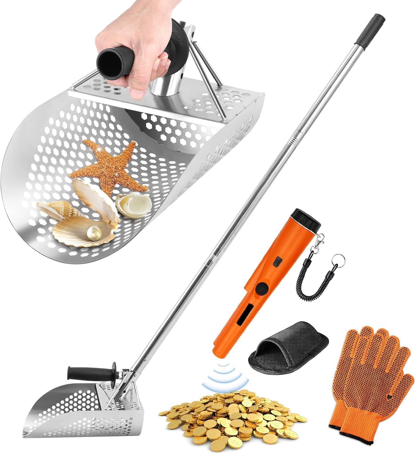 Sand Scoop for Metal Detecting with Handle&Metal Detector Pinpointer, Stainless Steel Detector Accessories, Metal Detector Scoop, Metal Detector Accessoriesfor Beach, Seaside Treasure Hunting