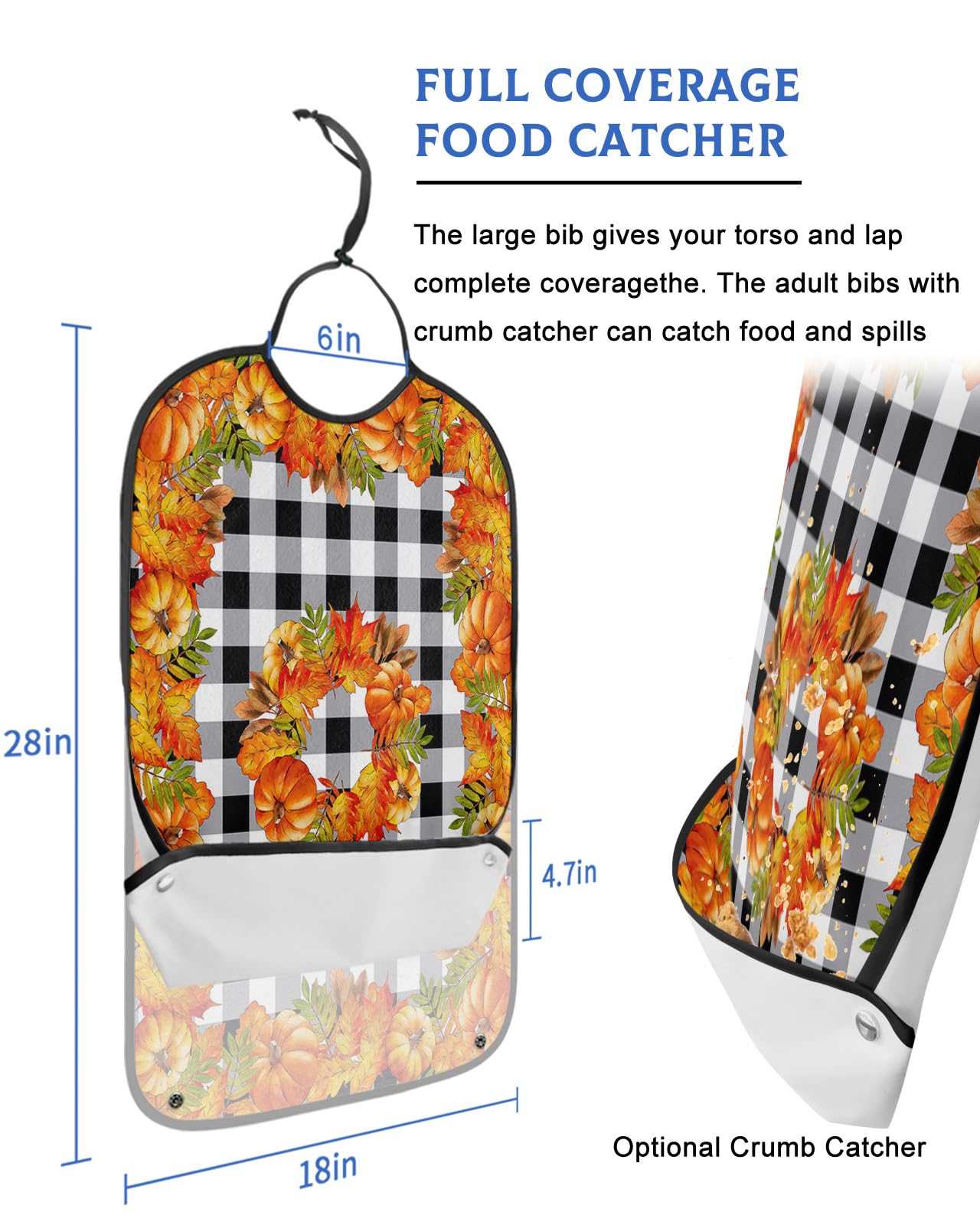 Kewadony Adult Bibs for Elderly Women - Thanksgiving Pumpkin Waterproof Dining Clothing Protectors with Crumb Catcher for Eating/Feeding, Farmhouse Maple Leaf Plaid Terry Cloth Bib Machine Washable