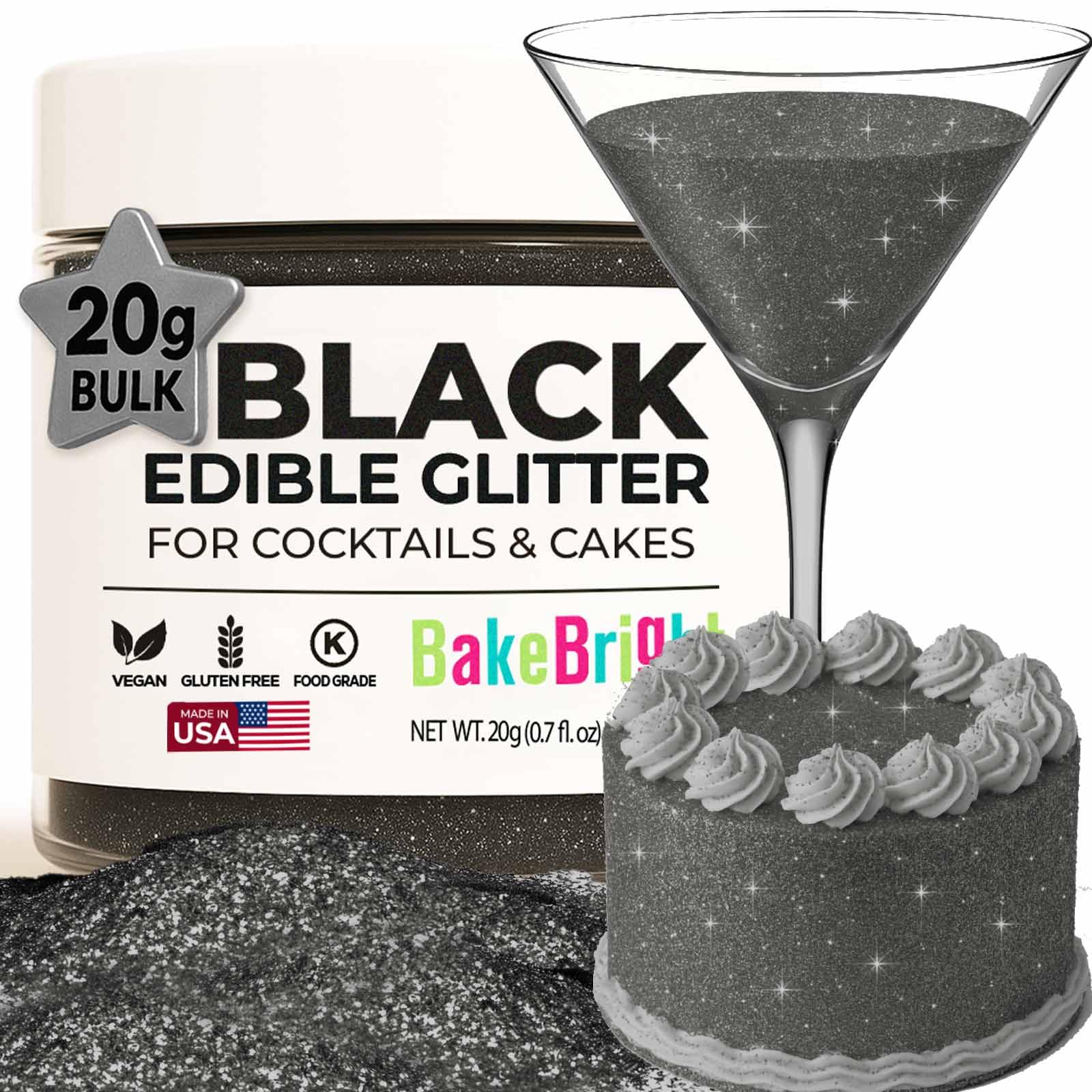 Bulk 20g Black Edible Glitter for Drinks | Premium Edible Glitter for Cakes, Cocktails, Black Cake Decorating Decorations Food Grade, Vegan, Kosher, Halal, Gluten Free - Made in USA