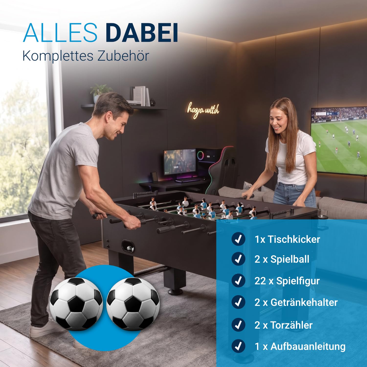 ArtSport Tischkicker Wuzzler - Kickertisch inkl. 2 Bälle mit Getränkehalter Kicker Tischfußball Fußballtisch Kickerkasten