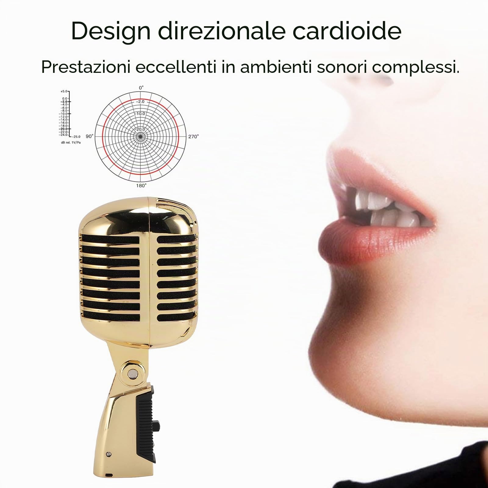 Microfono Vintage, Microfono Professionale per Canto, Microfono per Voce Dinamico retrò con Cremagliera Rotante Autotensionante in Lega di Zinco (GOLD)