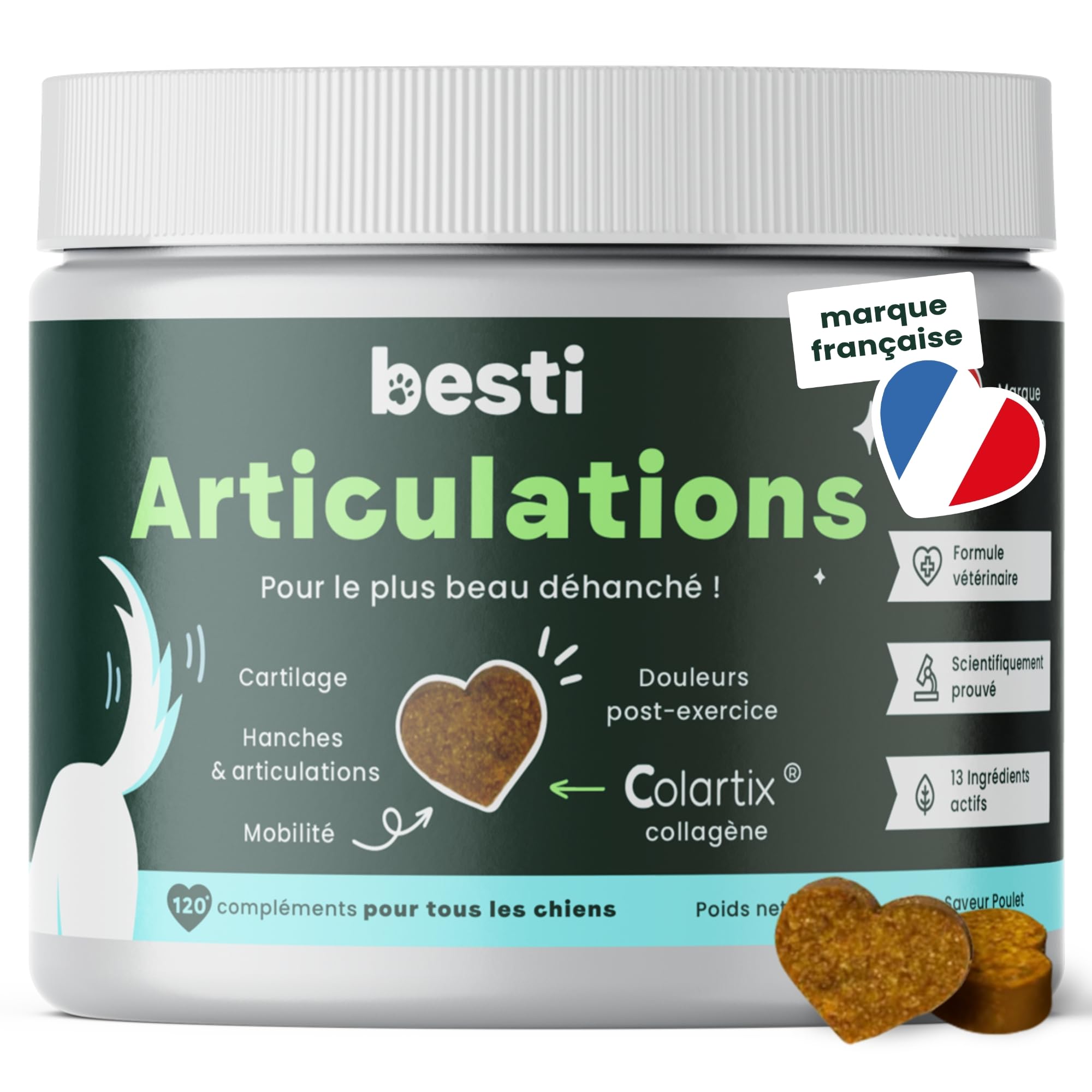 BESTI - Articulations | 120 Compléments Alimentaires Premium pour Chiens | Anti-Arthrose, Améliore la Mobilité Articulaire et le Cartilage | Marque Française - Formule Vétérinaire | Au Poulet | 300 gr