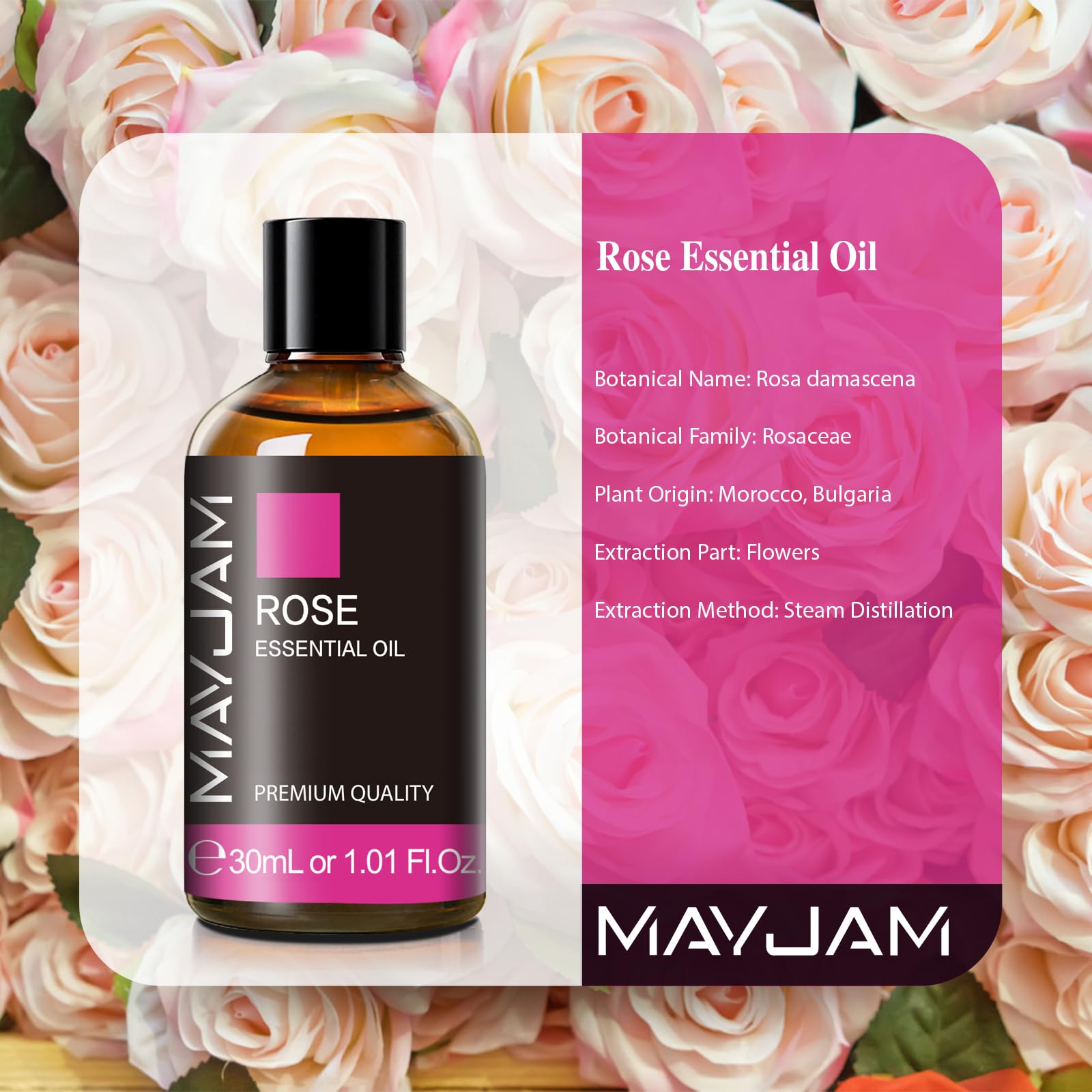 MAYJAM Olio Essenziale Di Rosa 30ml, Olio Di Rosa Per Diffusori, Umidificatori, Fai Da Te, Casa, Guardaroba