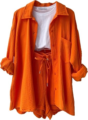 Cotton Linen 2 Piece Sets Women Summer Lounge Sets Long Sleeve Shirts And Shorts Sets Solid Two Piece Sets