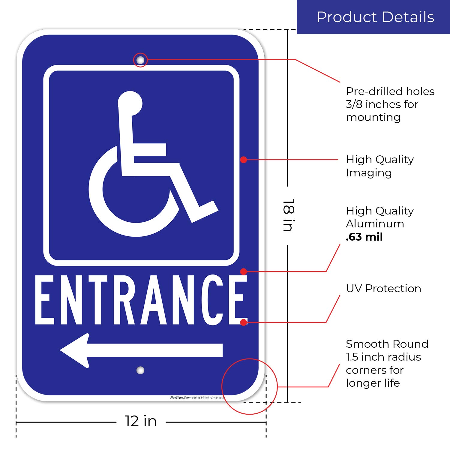 Left Arrow Handicap Entrance Sign, 12x18 Inches, Rust Free .063 Aluminum, Fade Resistant, Made in USA