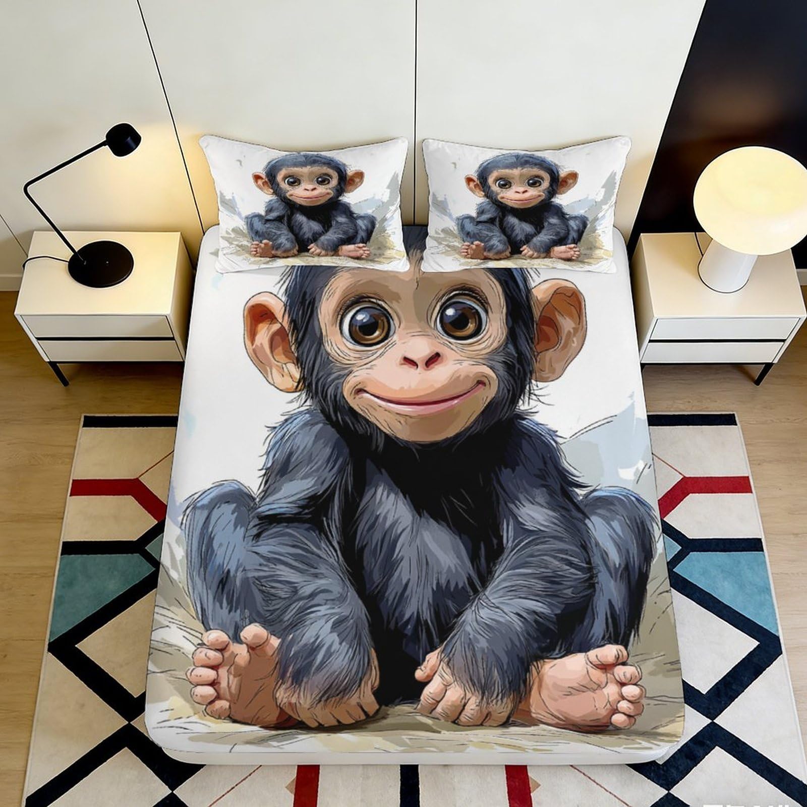 3D Printed Cute Chimpanzee Fitted Sheet Microfiber Soft Breathable Baby Monkey Bed Cover for Bedroom Dormitory Guest Room Mattress Protection Decor 120x200x25cm
