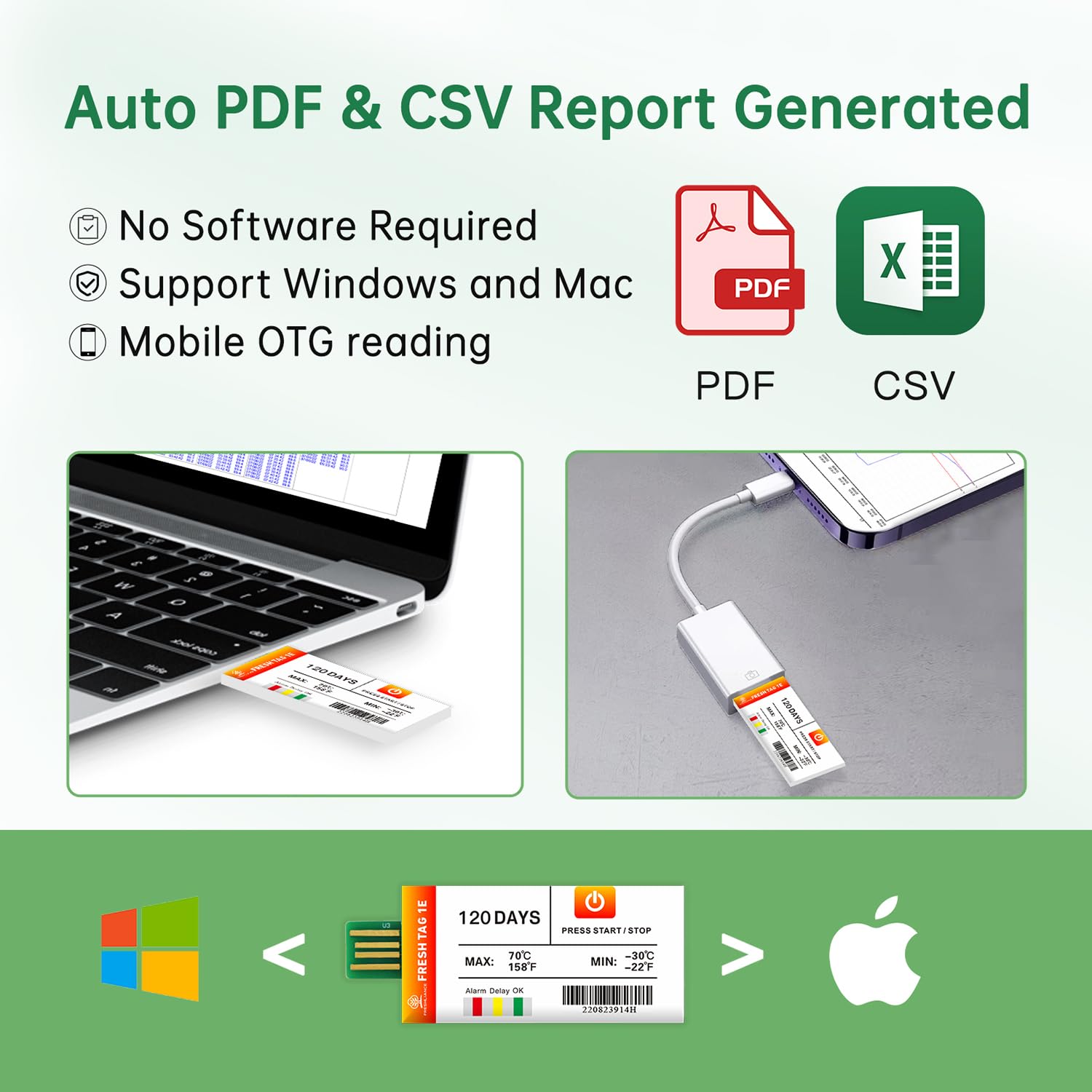 Freshliance Registrador de datos de temperatura, registradores de temperatura USB desechables cubren 120 días, alta precisión 20000 puntos con informes PDF CSV, para transporte fresco, etiqueta fresca