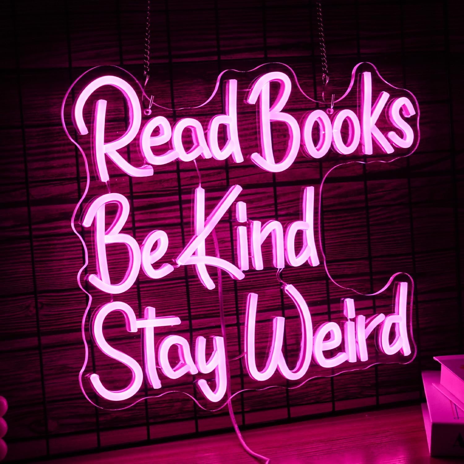 Read Books Be Kind Stay Weird Neon Sign USB Powered Pink Words LED Light Up Sign for Wall Decor Dimmable LED Read Kind Neon Light for Reading Room Bookstore School Library Book Lover Gifts