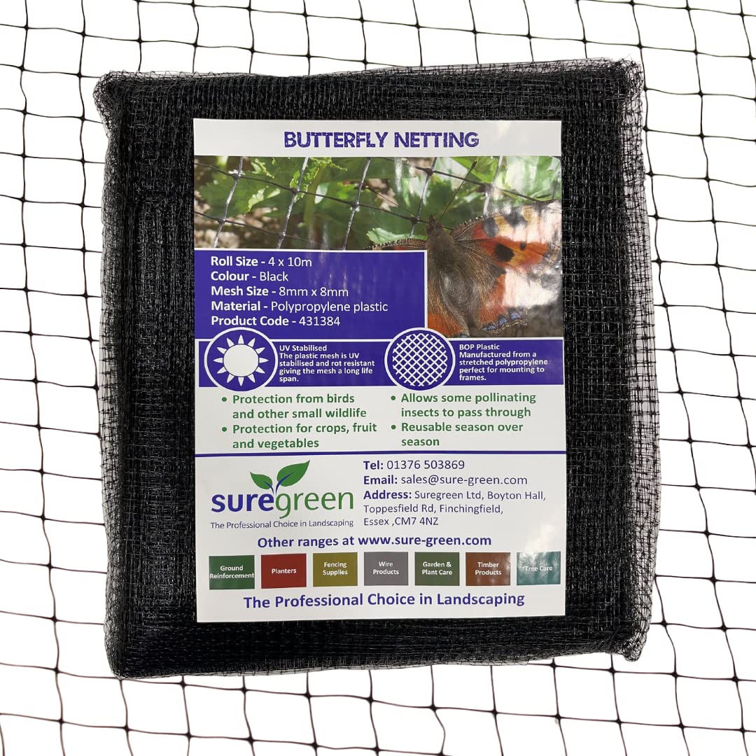 Suregreen Butterfly Netting for Garden Plants | Fine Mesh Insect Protection Net | 4m x 10m | 8mm x 8mm Holes | Black Mesh for Vegetables, Crops, Fruit Trees, Flowers | UV Resistant Garden Netting
