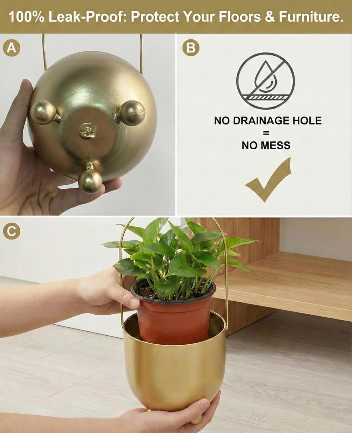 AceList Gold Hanging Planters for Indoor Plants, Set of 2-4.5 inch Metal Plant Hangers from Ceiling or Wall, Modern Boho Window Flower Pots, Pothos, Ivy - No Drainage Hole