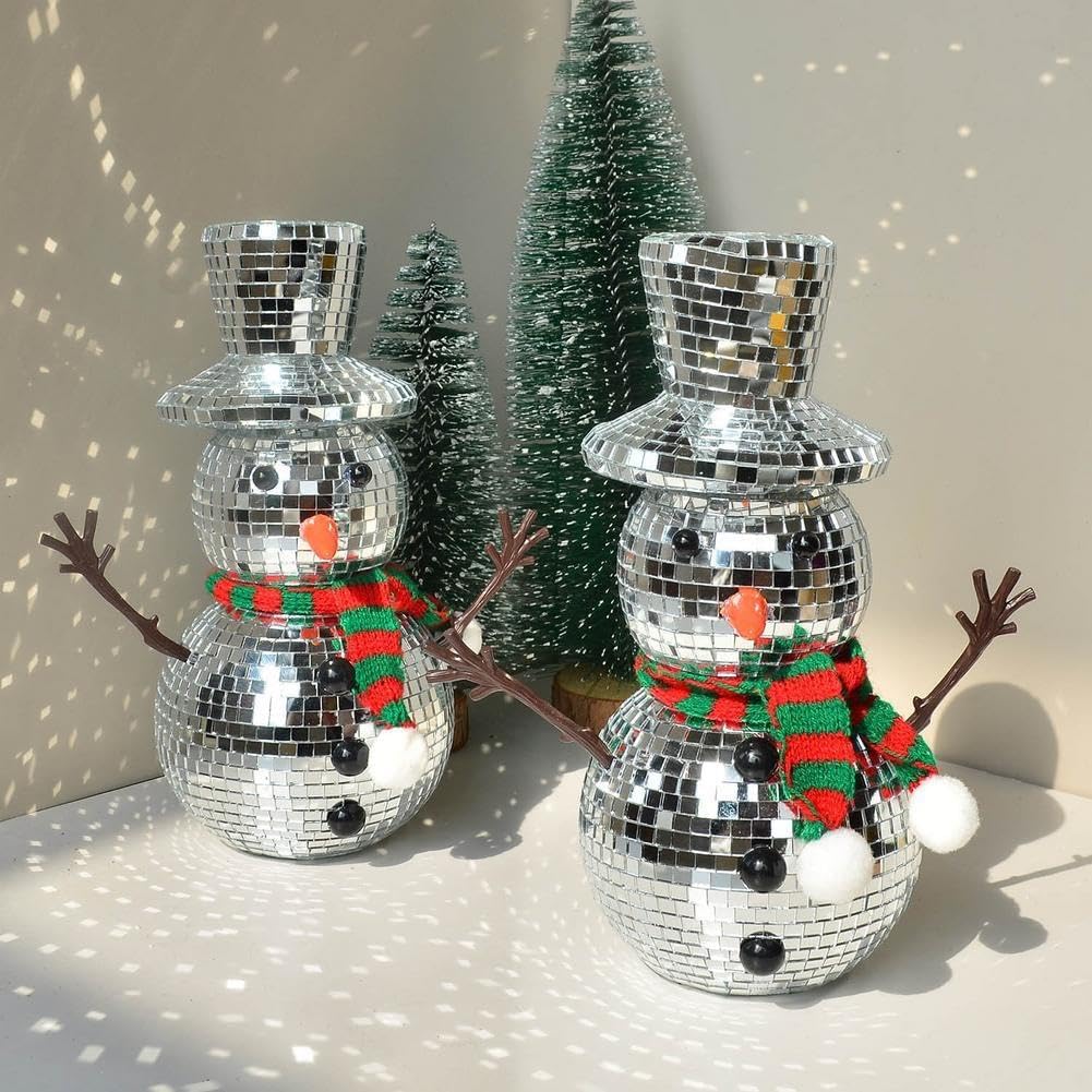 Muñeco de nieve de Navidad, decoración de bola de discoteca, figura reflectante de invierno, muñeco de nieve con bufanda, sombrero de punto brillante
