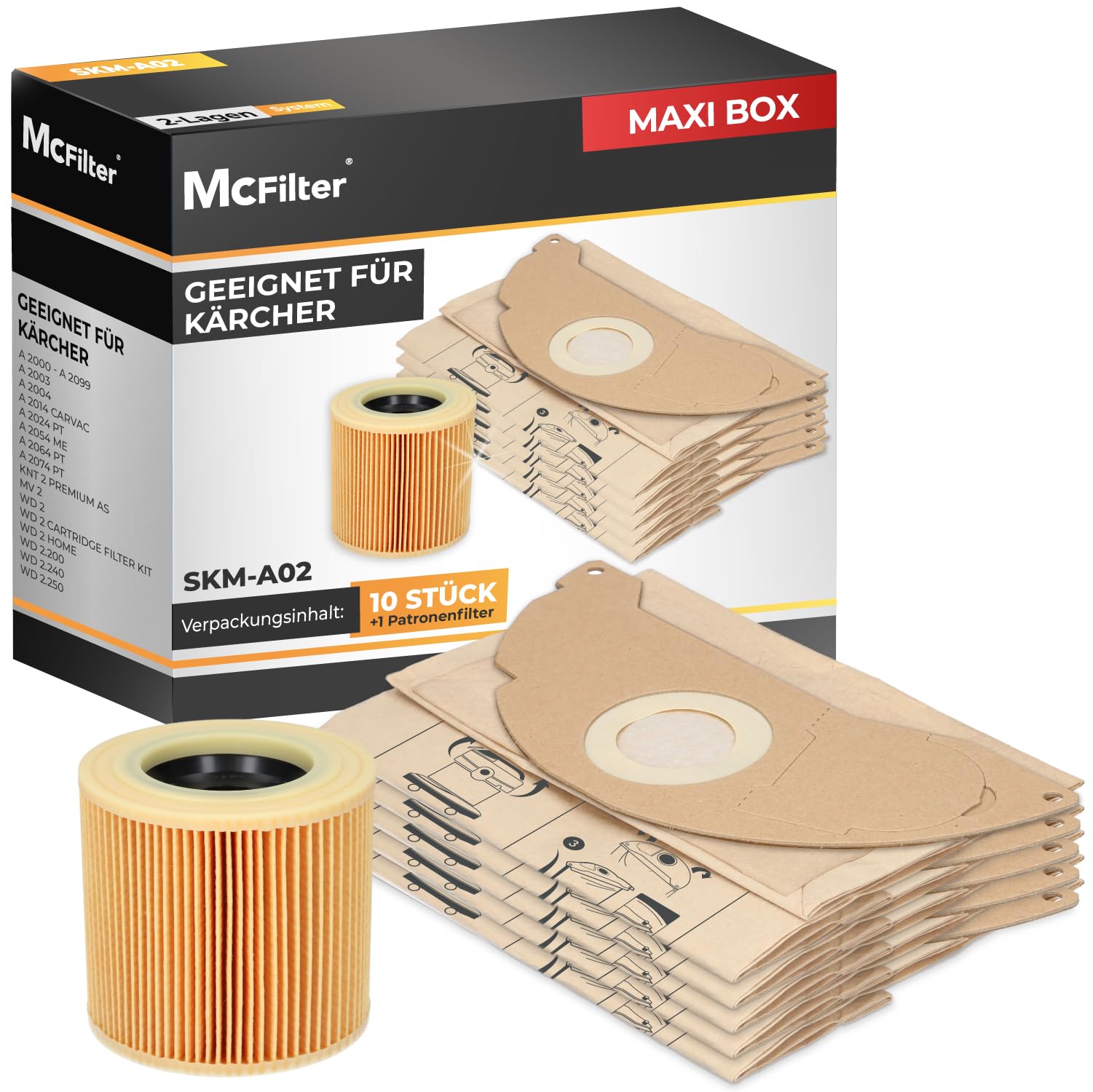 Lot De 10 Sacs + 1 Filtre Pour Aspirateur Kärcher A2004, A2024, A2054, MV2 - Compatible D'origine - Neuf Sous Blister