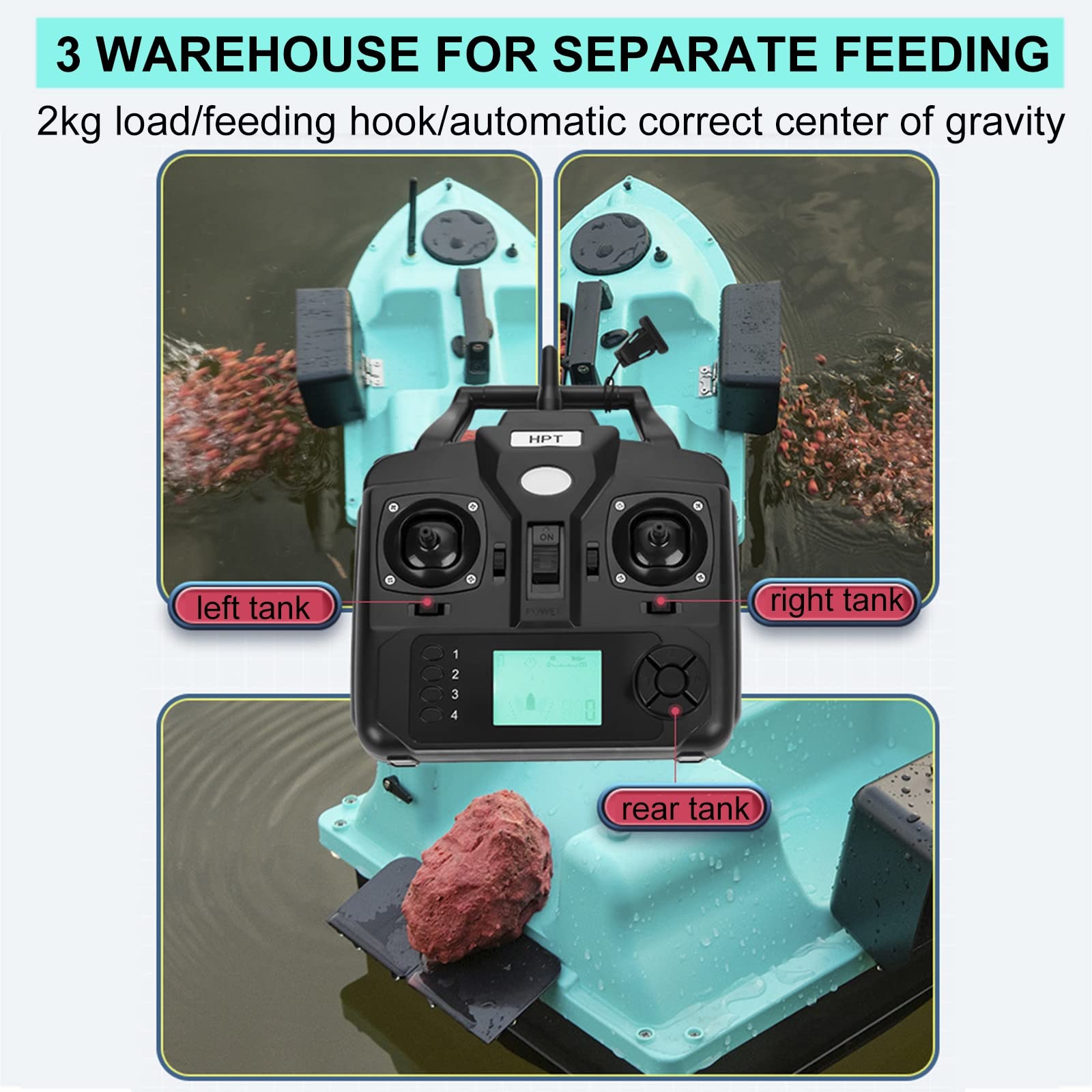 Barchino Carpfishing GPS, Barca Pesca Telecomandata 500 M da Pesca con Cruise Control e Ritorno Automatico, Barca di Adescamento con 3 Contenitori per Esche Indipendenti,12000mAh