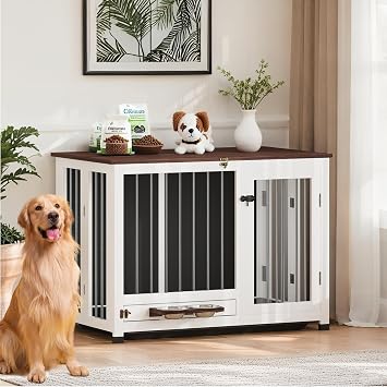 39.4" Dog Crate - Wooden Dog Kennel Furniture with Removable Tray & 360 Rotating Feeder | Indoor Sturdy End Table for Medium & Large Dogs | Easy Assembly, White Dog Cage for Living Room