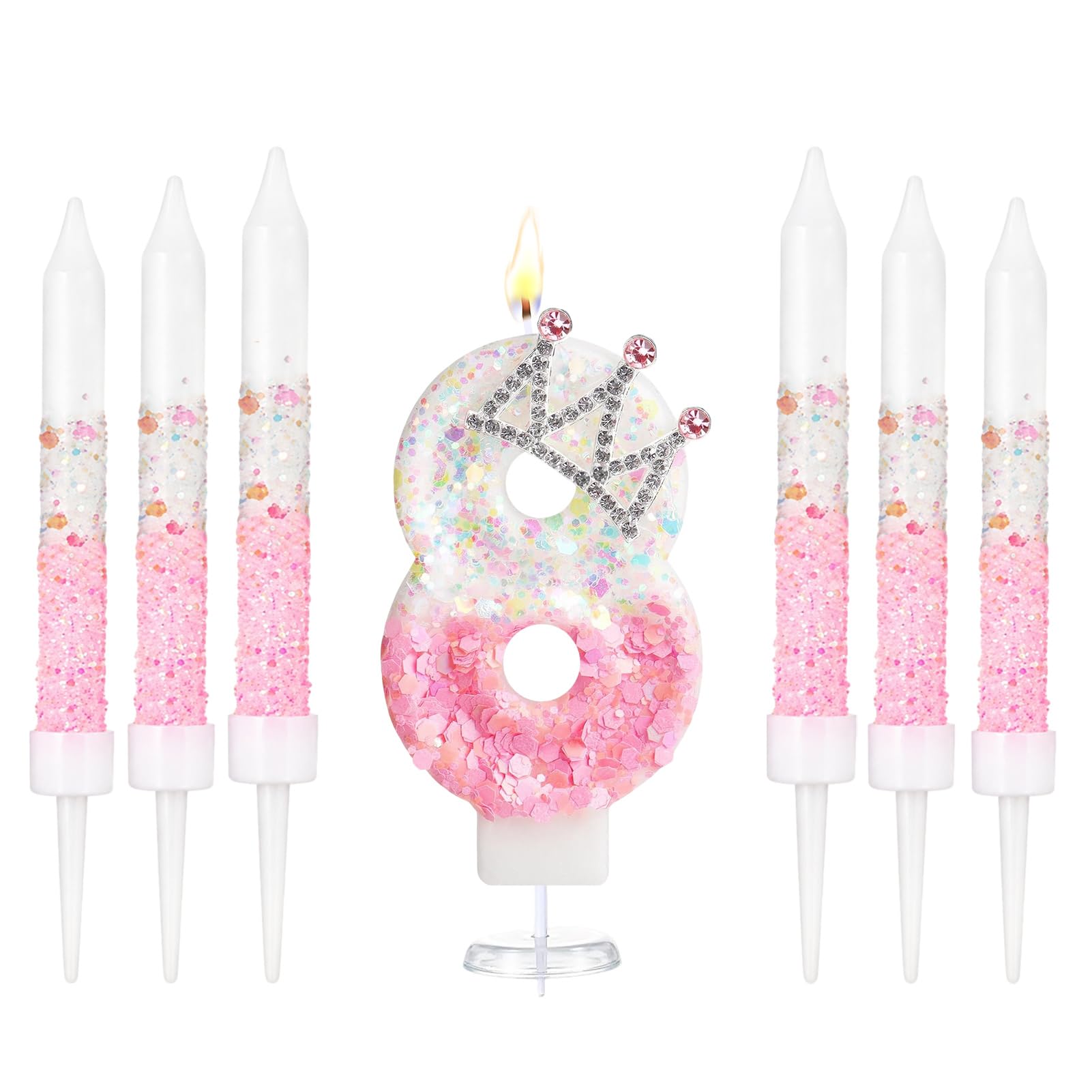 Crown Number Birthday Candles, Glitter Pink White Birthday Candle with 6 Pcs Long Candles, Stylish Princess Themed Cake Topper for Girls Birthday Party Supplies (8 Candle)