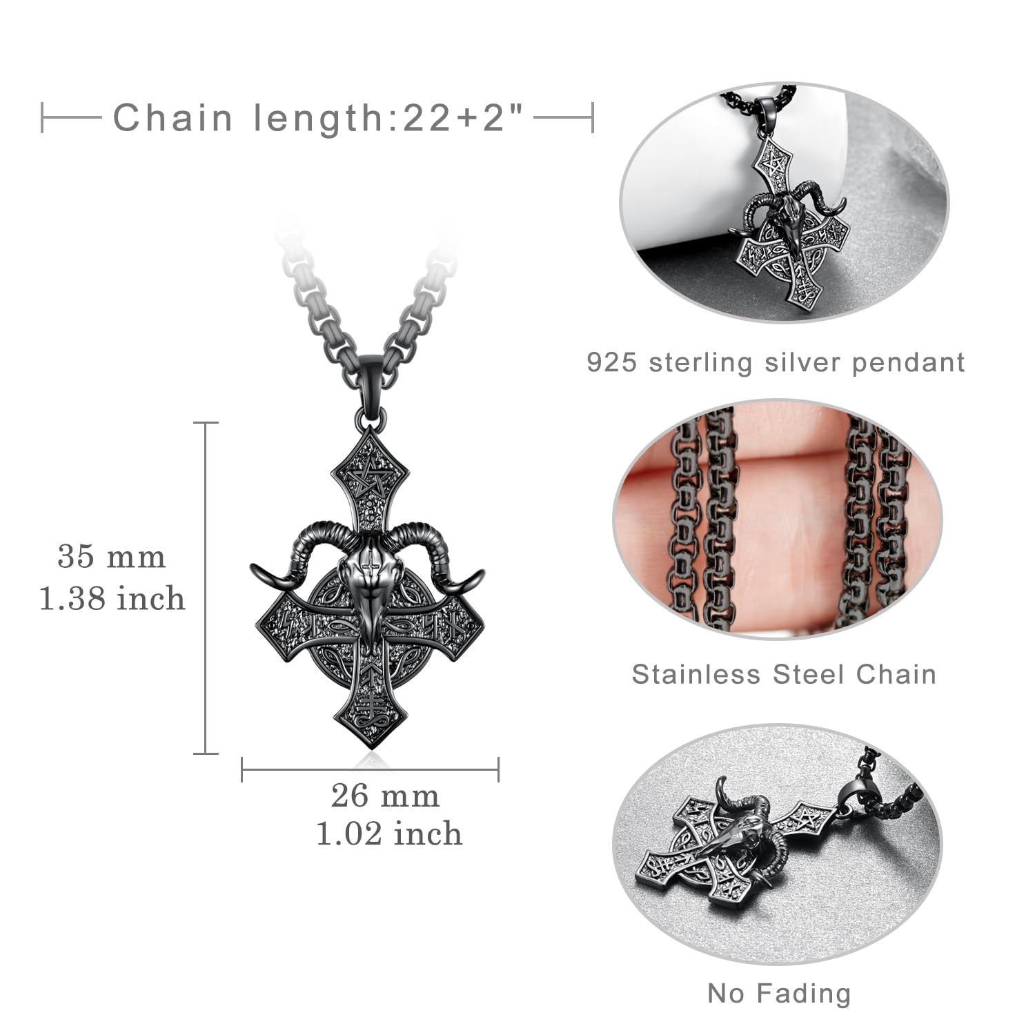 Fuguangju Satanic Necklace 925 Sterling Silver Upside Down Cross Necklace Baphomet Necklace Satanic Jewelry for Men Women