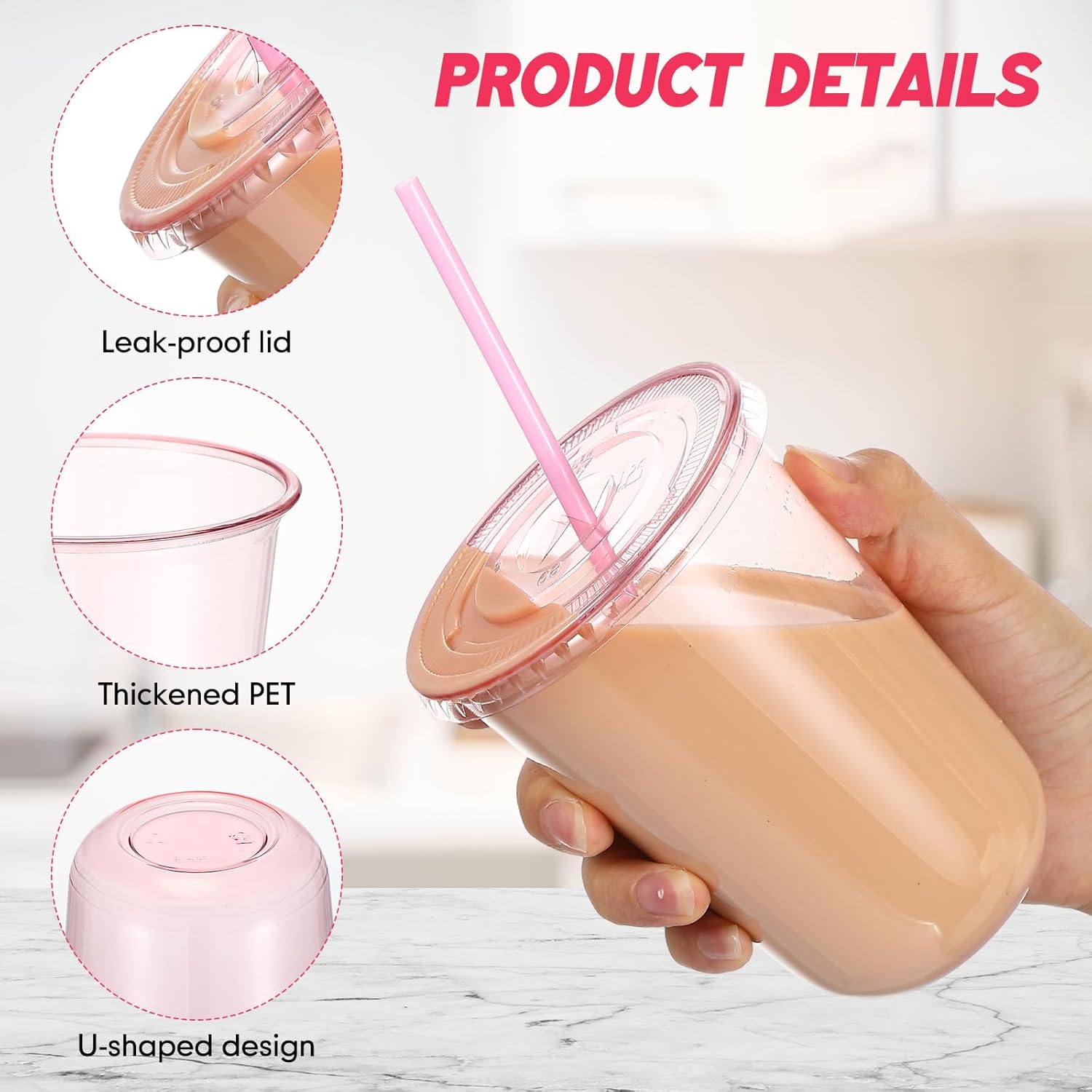 Ziliny 50 Sets Clear Round Bottom Plastic Cups with Lids and Straws, Cute Disposable Drinking Coffee Cups, for Christmas Valentine's Galentine's Day Party Wedding Birthday Supplies (16oz,Pink)