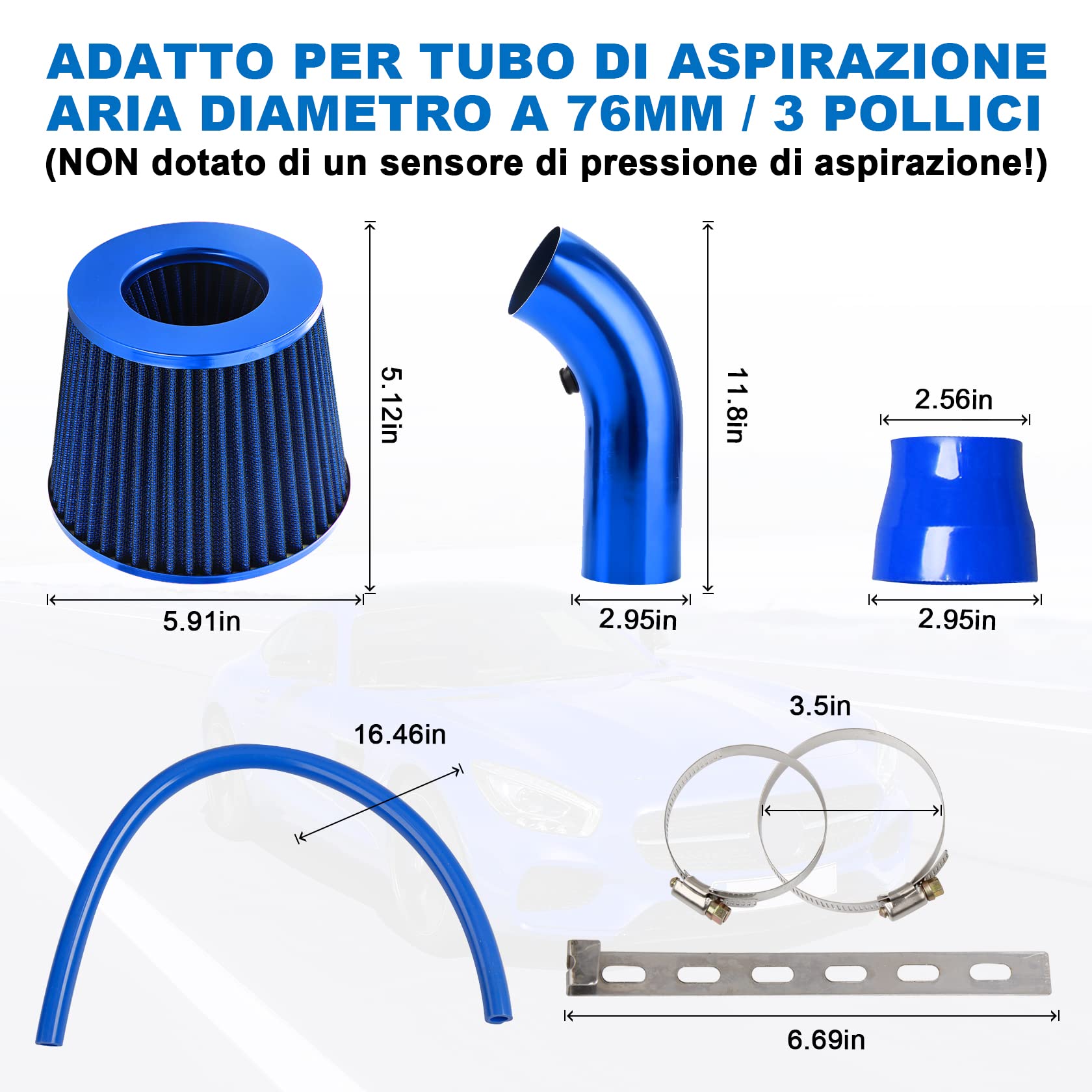 Pindex Filtro Aria Sportivo Auto: Filtro di Ingresso Dell'aria Filtro a Cono in Fibra di Carbonio con Tubo Aspirazione Aria - Blu