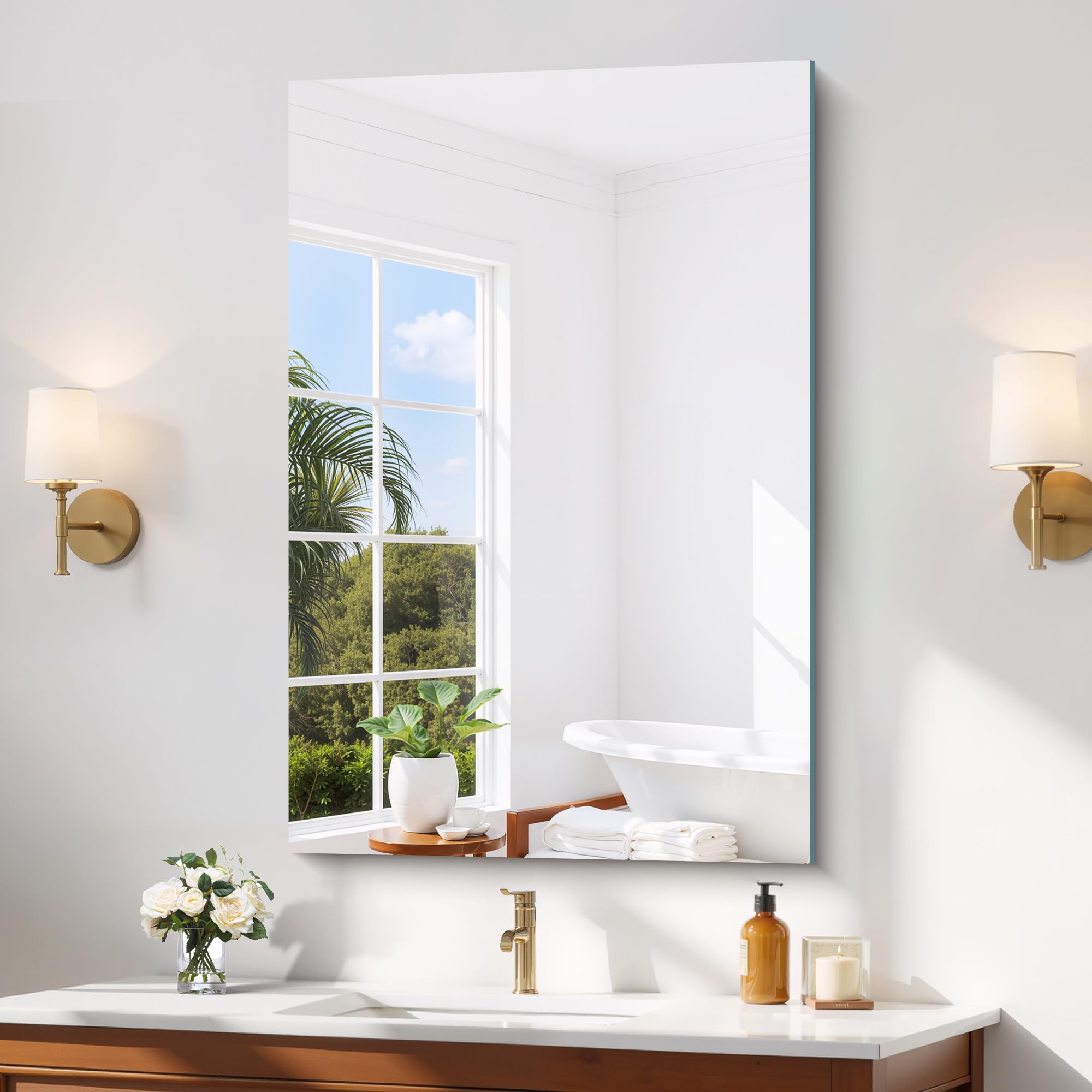 COFENY Miroir sans Cadre, 90 × 60 cm Miroir Mural Rectangulaire avec Bords Polis, Miroir en Verre HD, Upgraded Shatterproof Miroir de Salle de Bain pour Salle de Bain, Chambre et Salon