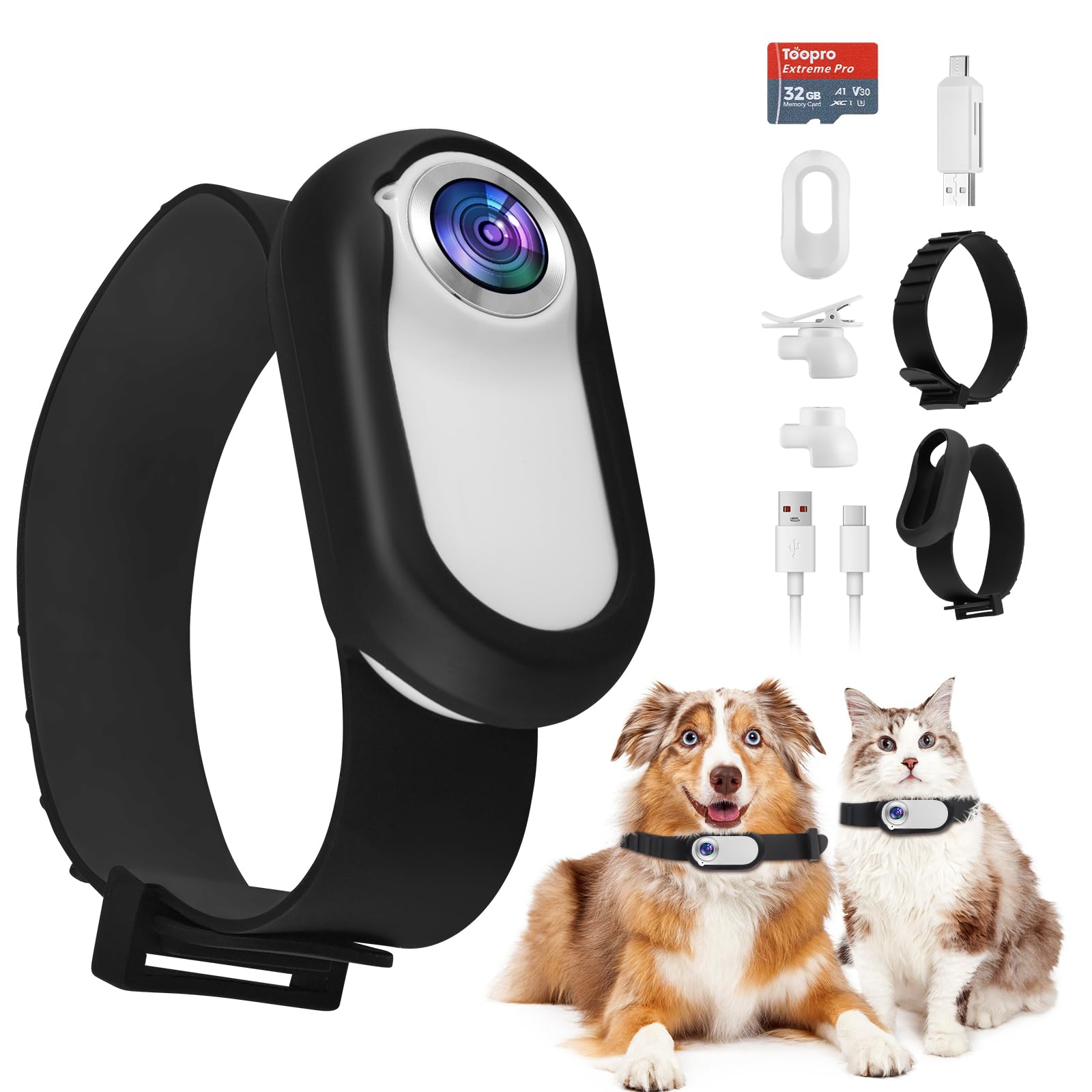 1080P HD - Collar para cámara de gatos, con gran angular de 170° y tarjeta SD de 32 GB, mini cámara de acción deportiva, cámara de gato para grabación de vídeo y fotos, cámara de animales para gatos