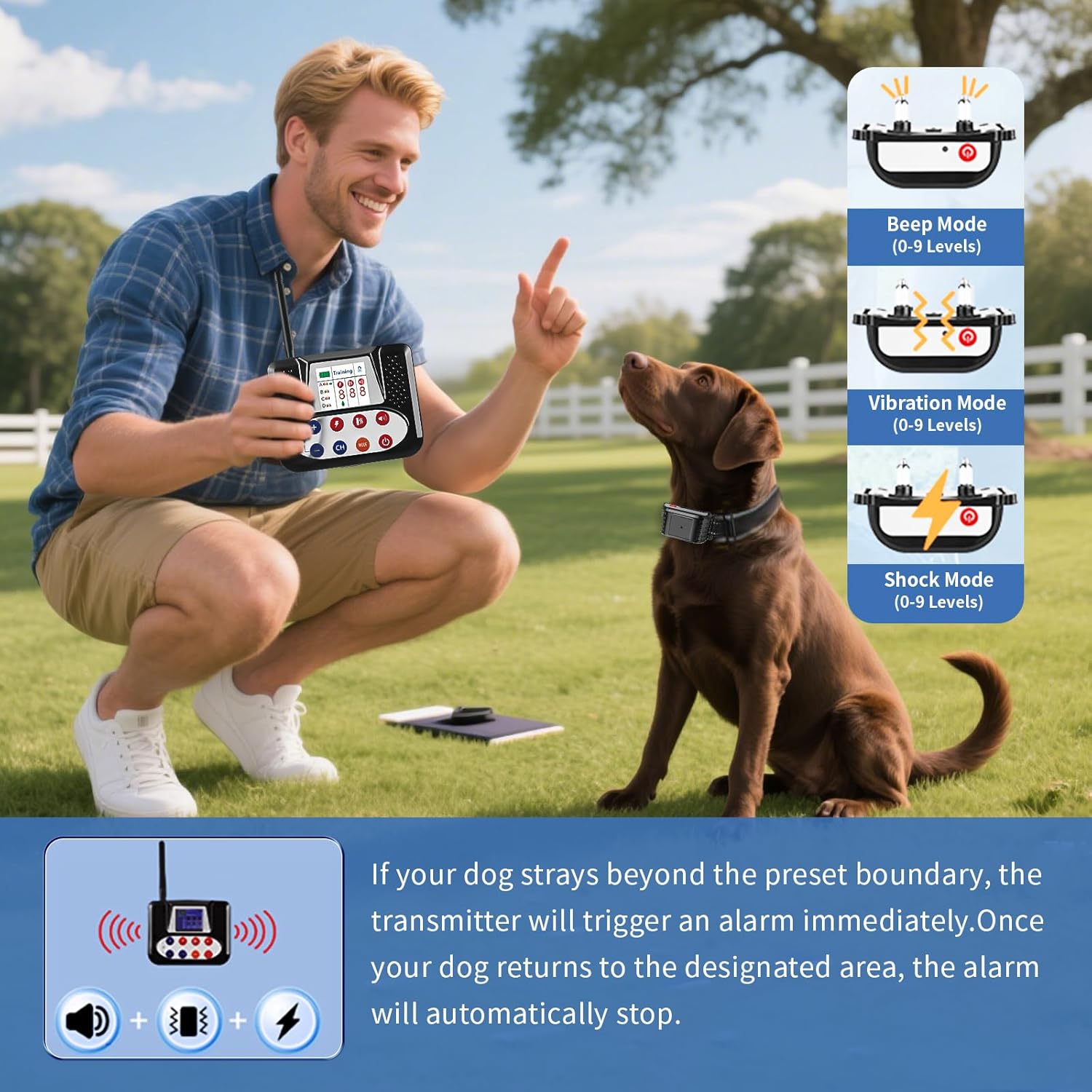 Wireless Dog Fence System for Dogs with Shock/Vibration Modes,Waterproof & Adjustable Perimeter Collar for Safety and Outdoor, Remote Training Collar