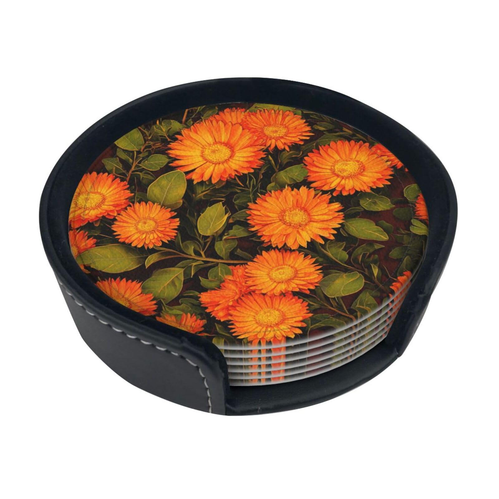 Marigold pattern Leather Coasters-Set of 6 with Storage Holder