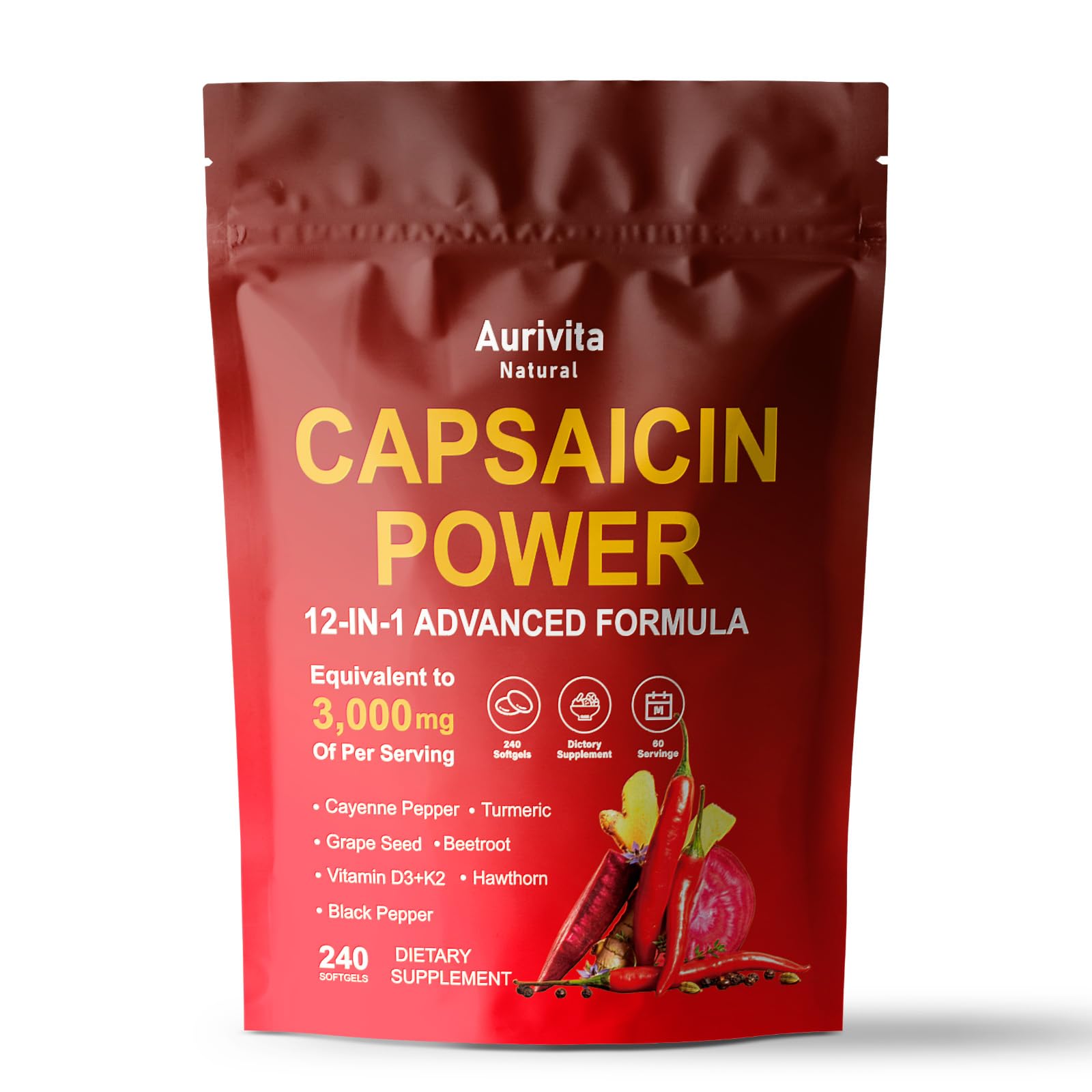 Aurivita Natural Capsaicin Softgels,Aurivita Natural Capsaicin Power,240 Capsules (1pcs)