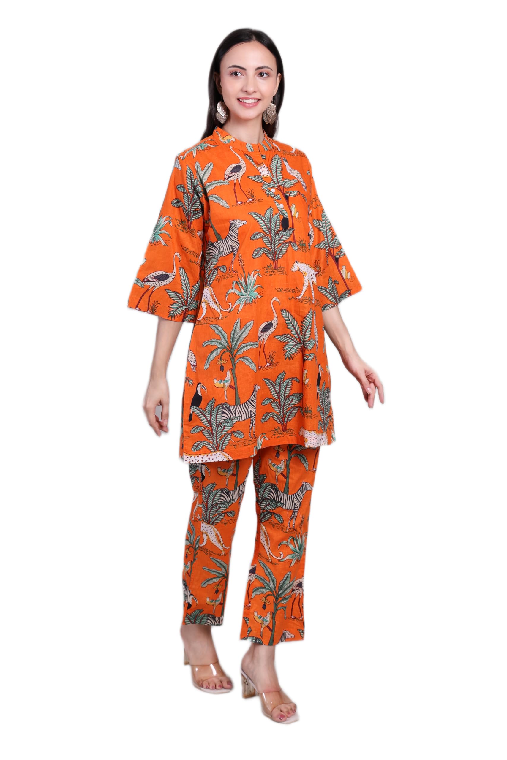 Jungle Flare Orange Cotton Night Suit Ethnic Wear for Women-image-6