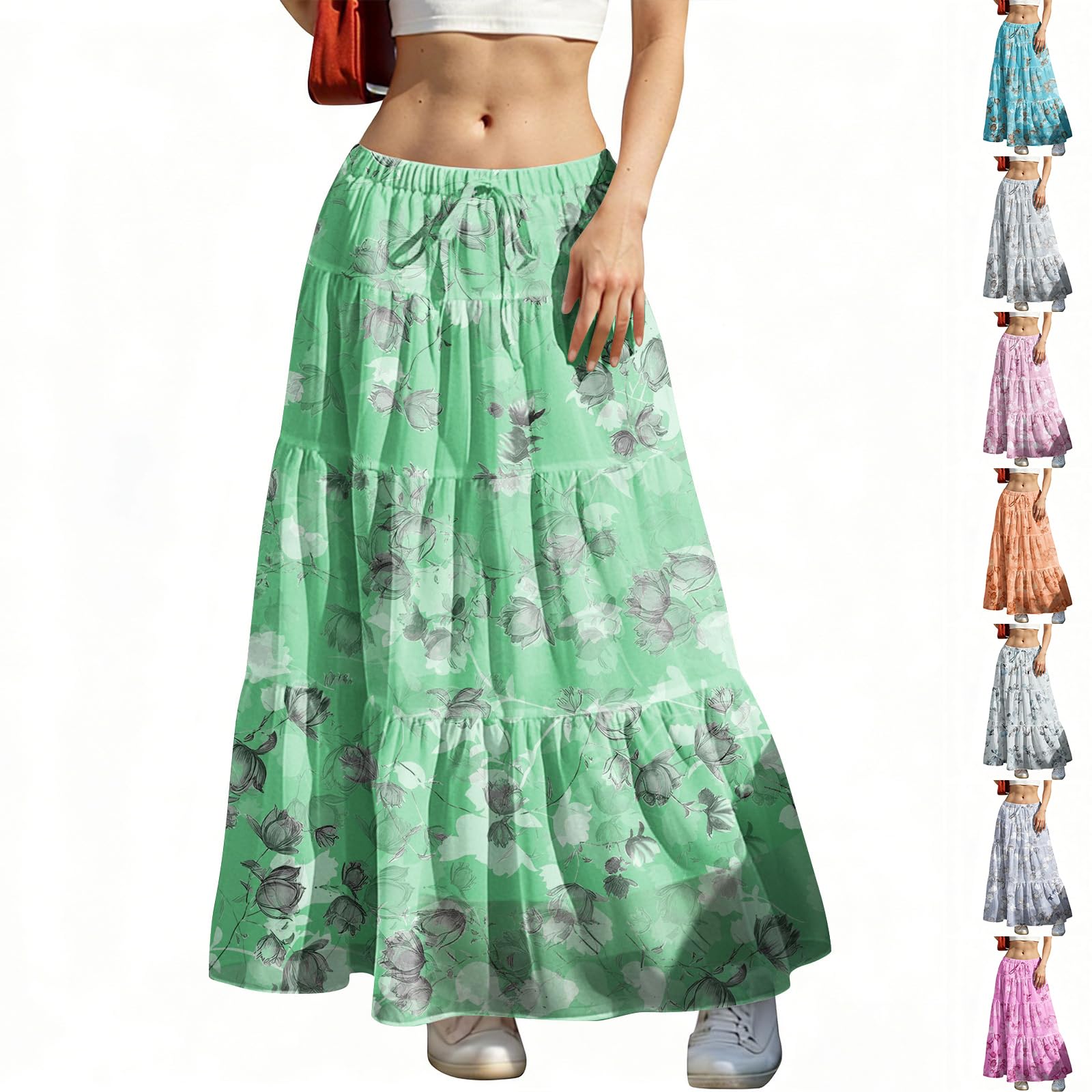 Maxi Skirts for Women Summer Boho Ruffle Pleated Cute Floral Skirt Tiered A Line Skirt Casual Beach Holiday
