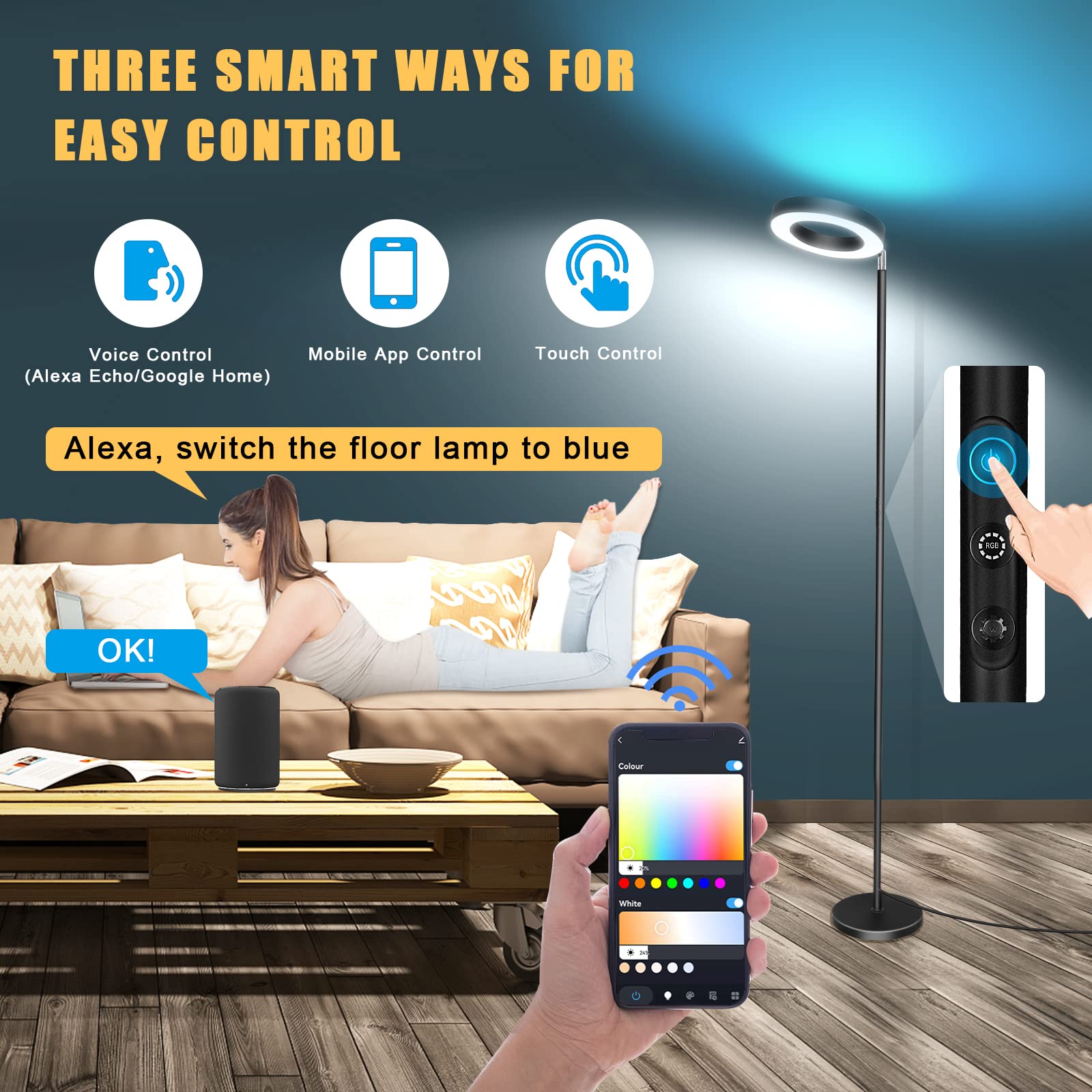 Lampadaire Sur Pied Salon Smart Double Face, 42W Lampe sur Pied avec App et Contrôle Tactile, 16 Millions Couleurs, Compatible avec Alexa et Google Assistant, Musique Sync Convient pour Chambre Bureau