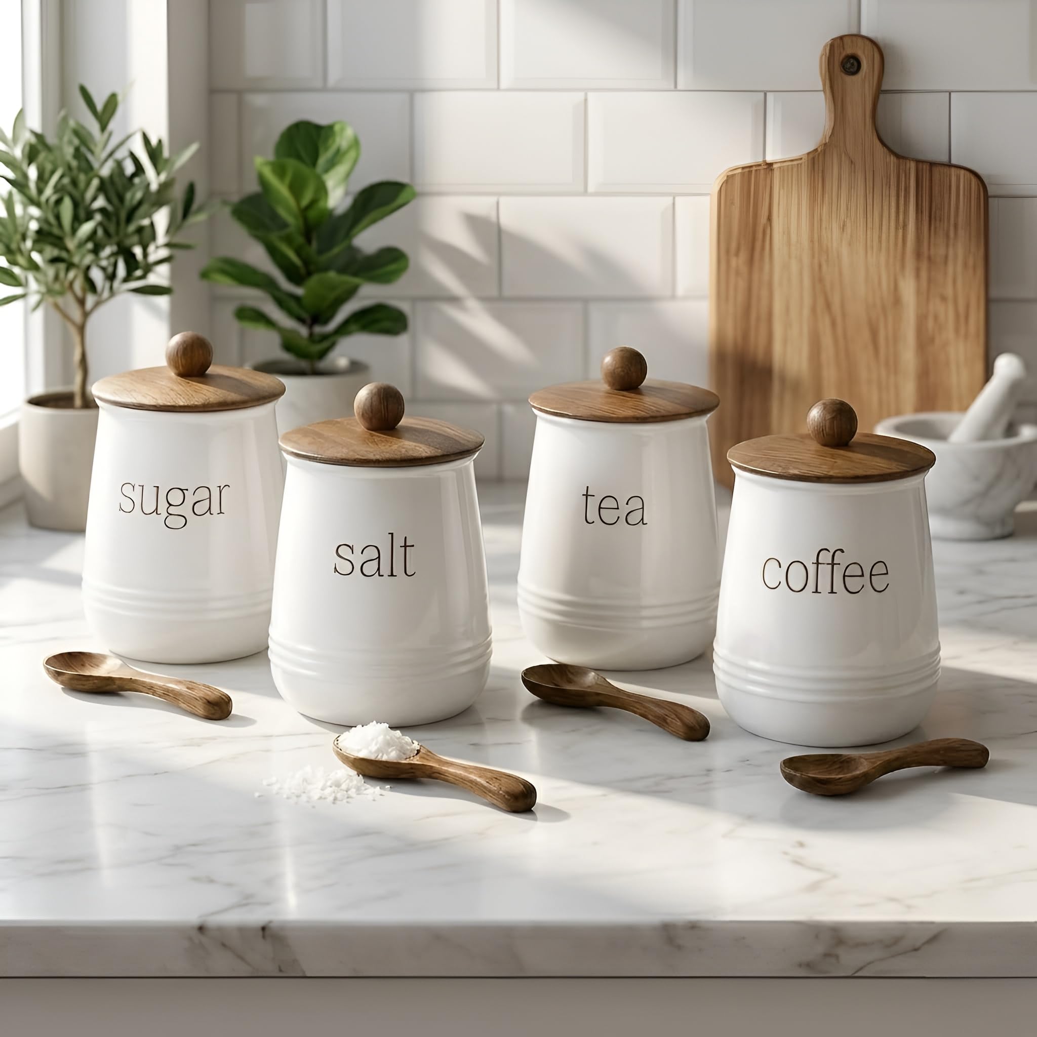 Stylish Airtight Container for Kitchen, Tea Coffee Sugar Salt Storage, Metal with Wooden Lid & Spoon, 1000ml, Canister for Kitchen Counter top | Food-Safe Jar Set-4 (Tea Coffee Sugar & Salt)-image-13