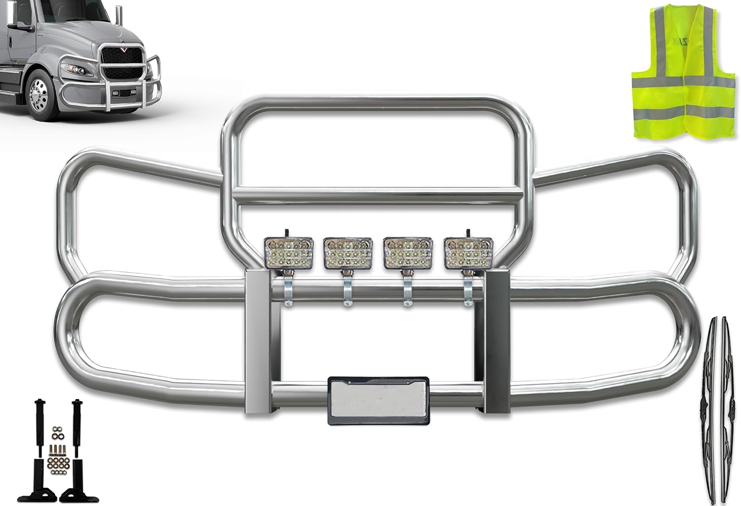 KOZAK Grille Deer Brush Bumper Guard Herd 300 w/ 4X 6 Square LED Headlights Compatible with International Prostar 2007-2016 Plus Brackets, Logo, 2X 22 Wipers, License Plate Holder & Frame, Vest