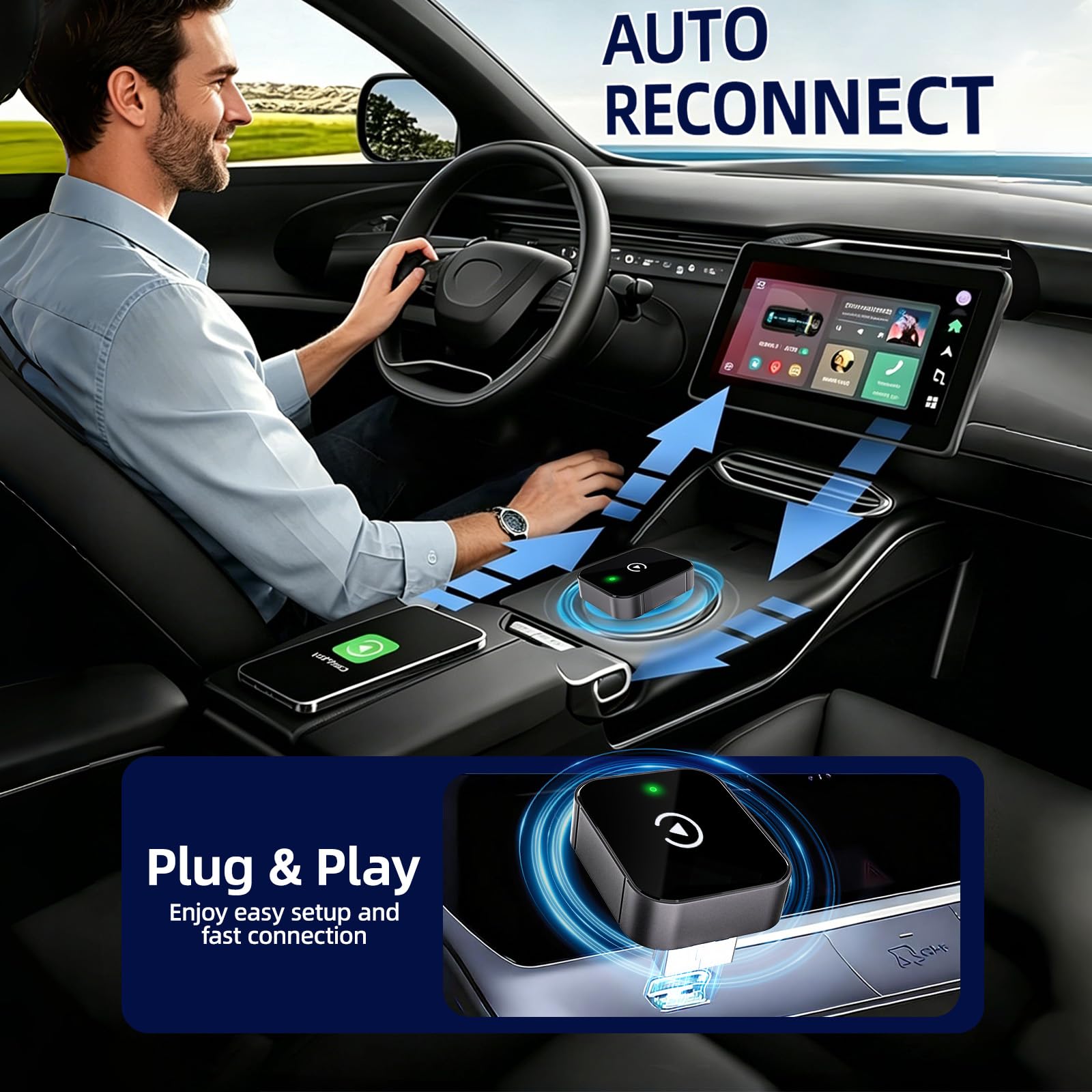 OVVOFPP Adaptateur CarPlay sans Fil Nouvelle édition 2026,2-in-1 Interface Type-C/USB,Connexion Rapide Stable,Compatible avec iOS 12+/Android 11+ et Les Véhicules Fabriqués Après 2016