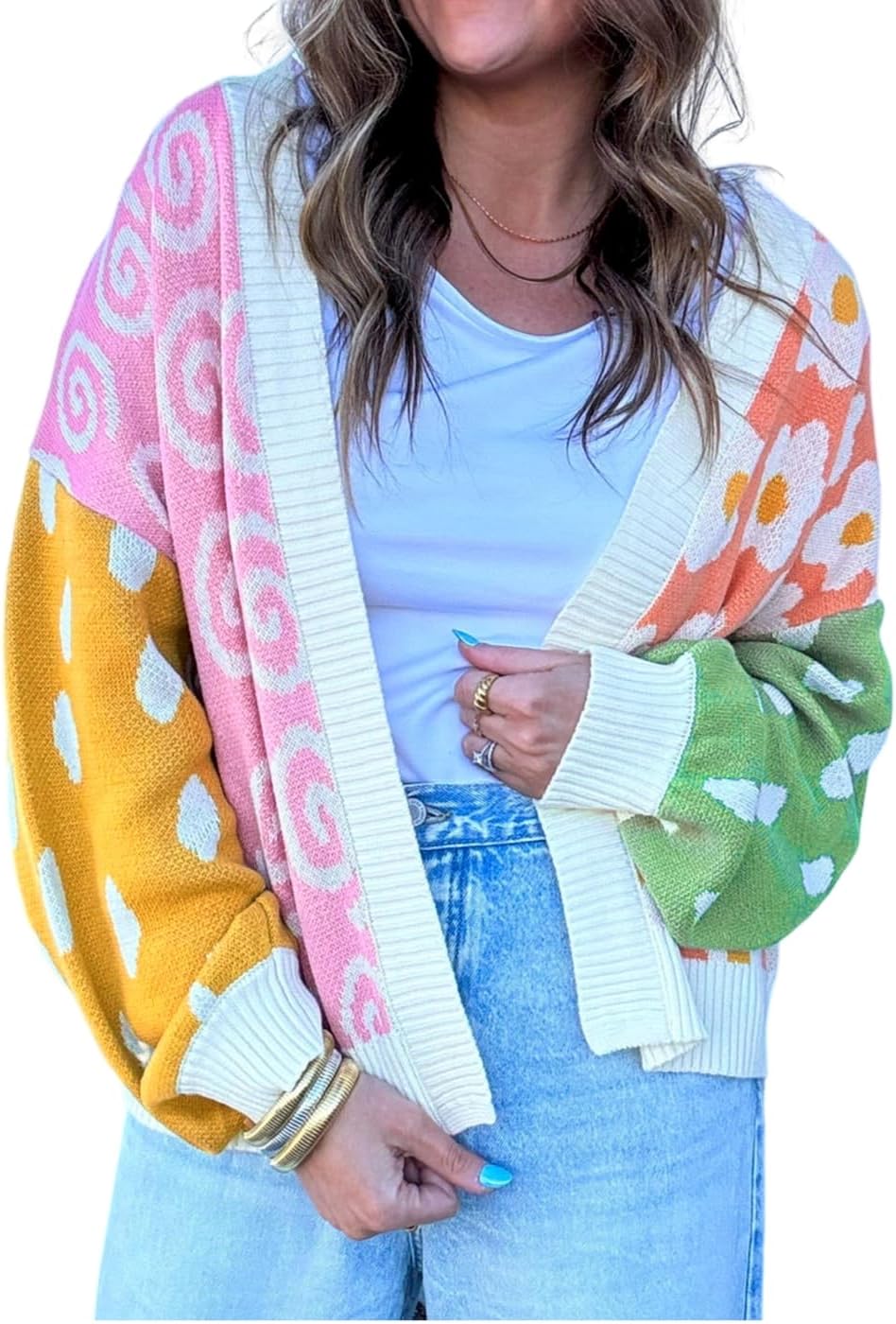 SELINK Women's Cardigan Sweater Flower Dotted Mixed Print Colorblock Open Front Cardigan Patchwork Long Sleeve Outwear