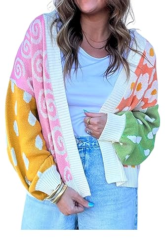SELINK Women's Cardigan Sweater Flower Dotted Mixed Print Colorblock Open