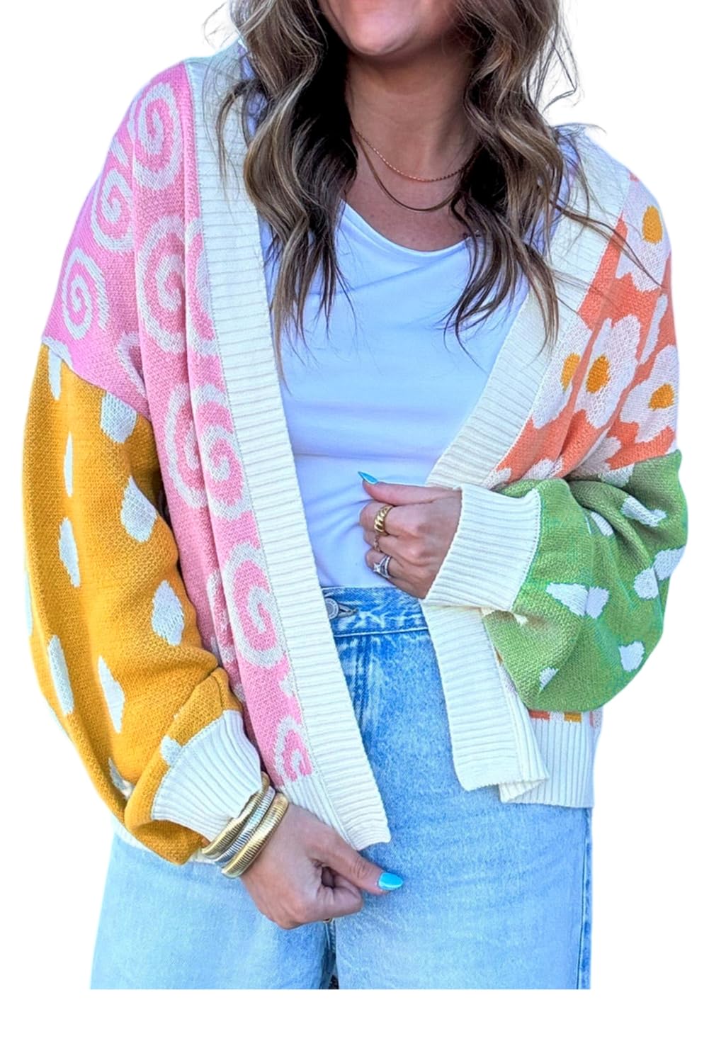 SELINK Womens Cardigan Sweater Flower Dotted Mixed Print Colorblock Open Front Cardigan Patchwork Long Sleeve Outwear
