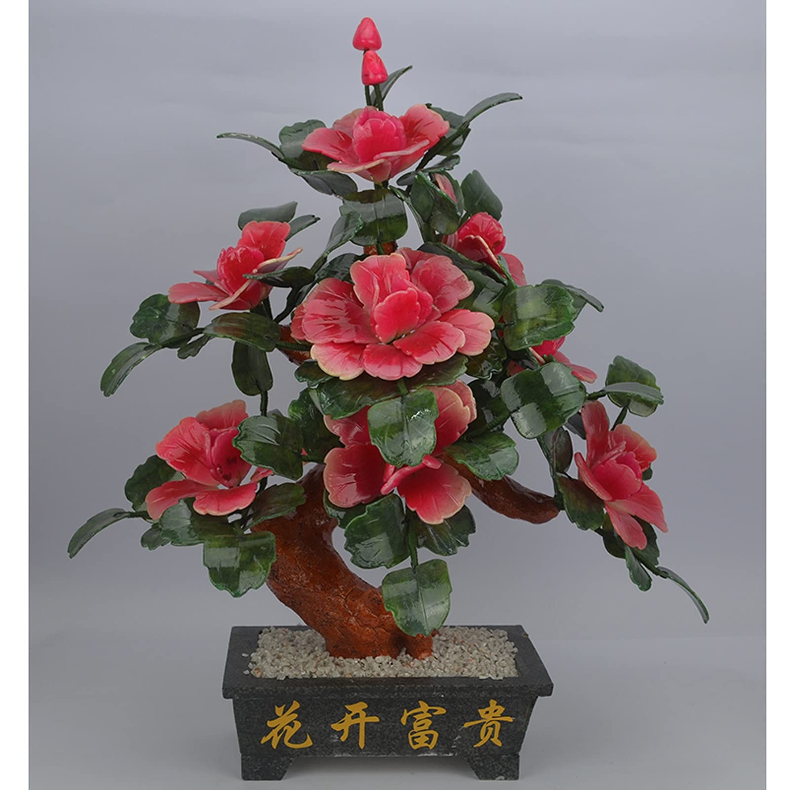 Amazon｜盆栽人工盆栽天然翡翠飾り粉牡丹花翡翠鉢植え装飾盆栽テーブル