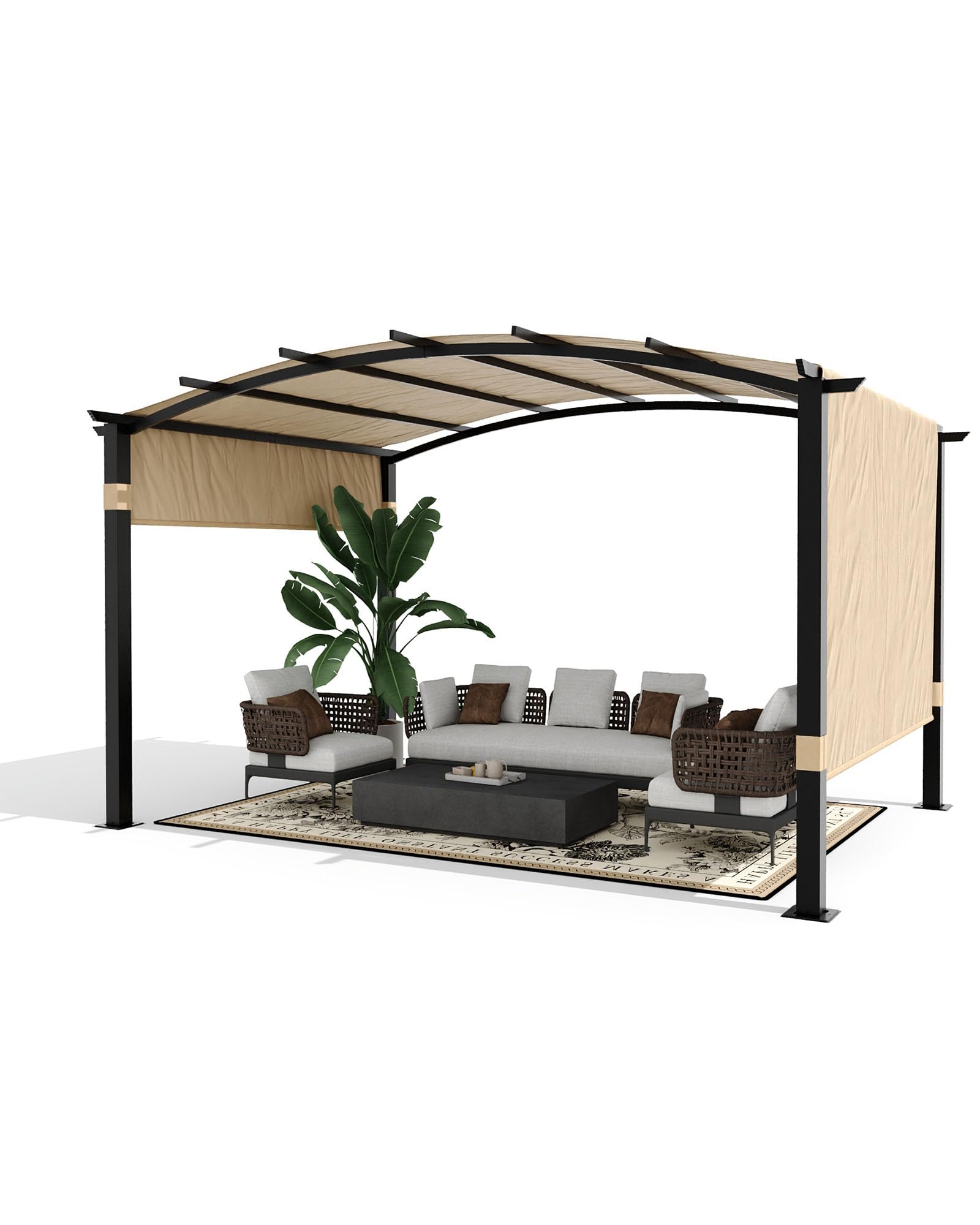 KYBOLT 12x9 Ft Arched Pergola Metal Gazebo with Retractable Canopy for Backyard Deck Garden Lawns Porch(Khaki)