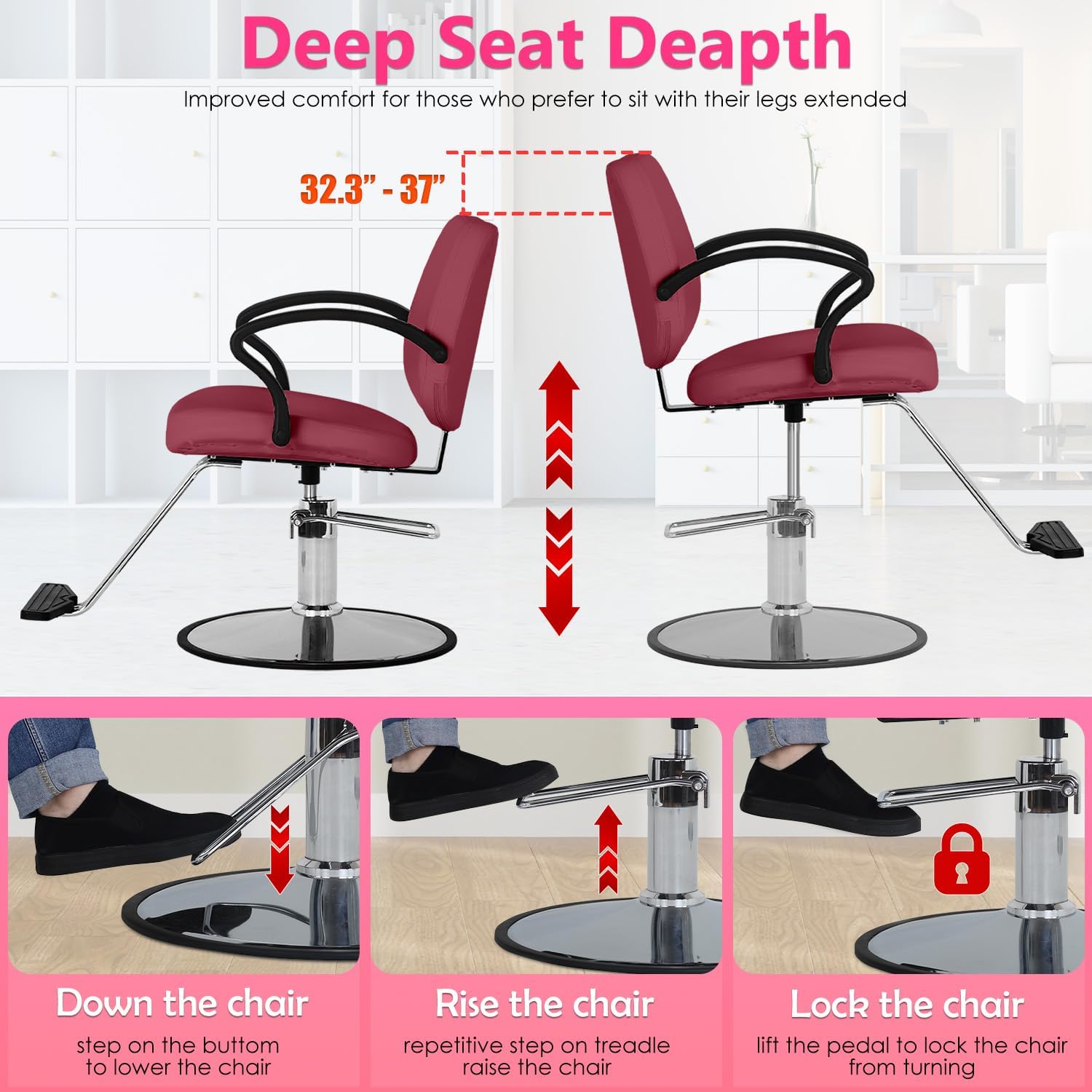 BestMassage Hydraulic Reclining Barber Chair Burgundy, Heavy Duty All Purpose Salon Chair with Adjustable Headrest Footrest and Hydraulic Pump