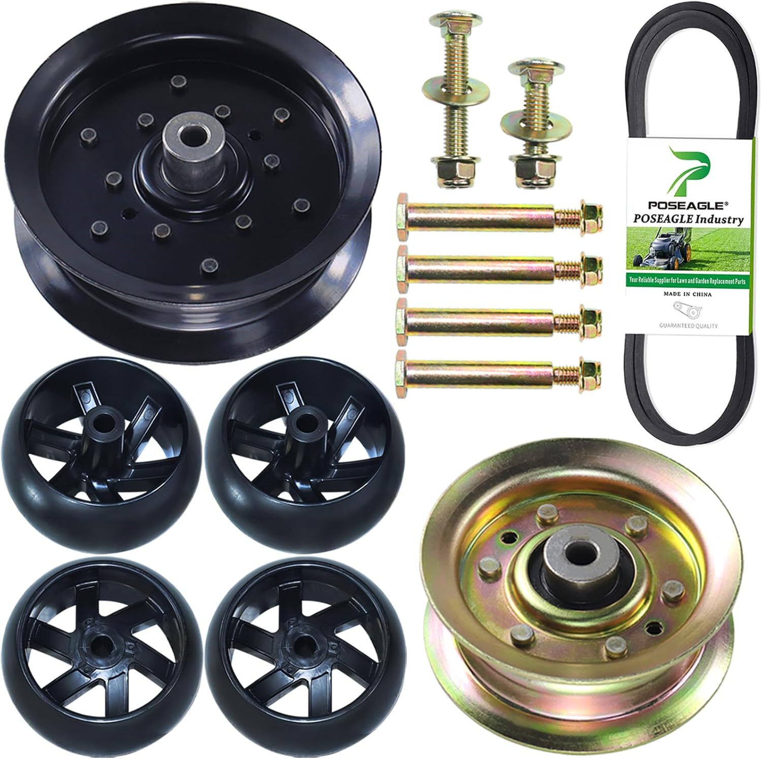 532196106 Husqvarna Idler Pulley with 532177968 Idler Pulley 584453101 Belt 589527301/589527401 Gauge Wheel Replaces 532197379, 532193197, 532174873, 196106, 197379, 177968, 193197, 174873 1x196106+1x177968+584453101 Belt+4x589527301 Wheel