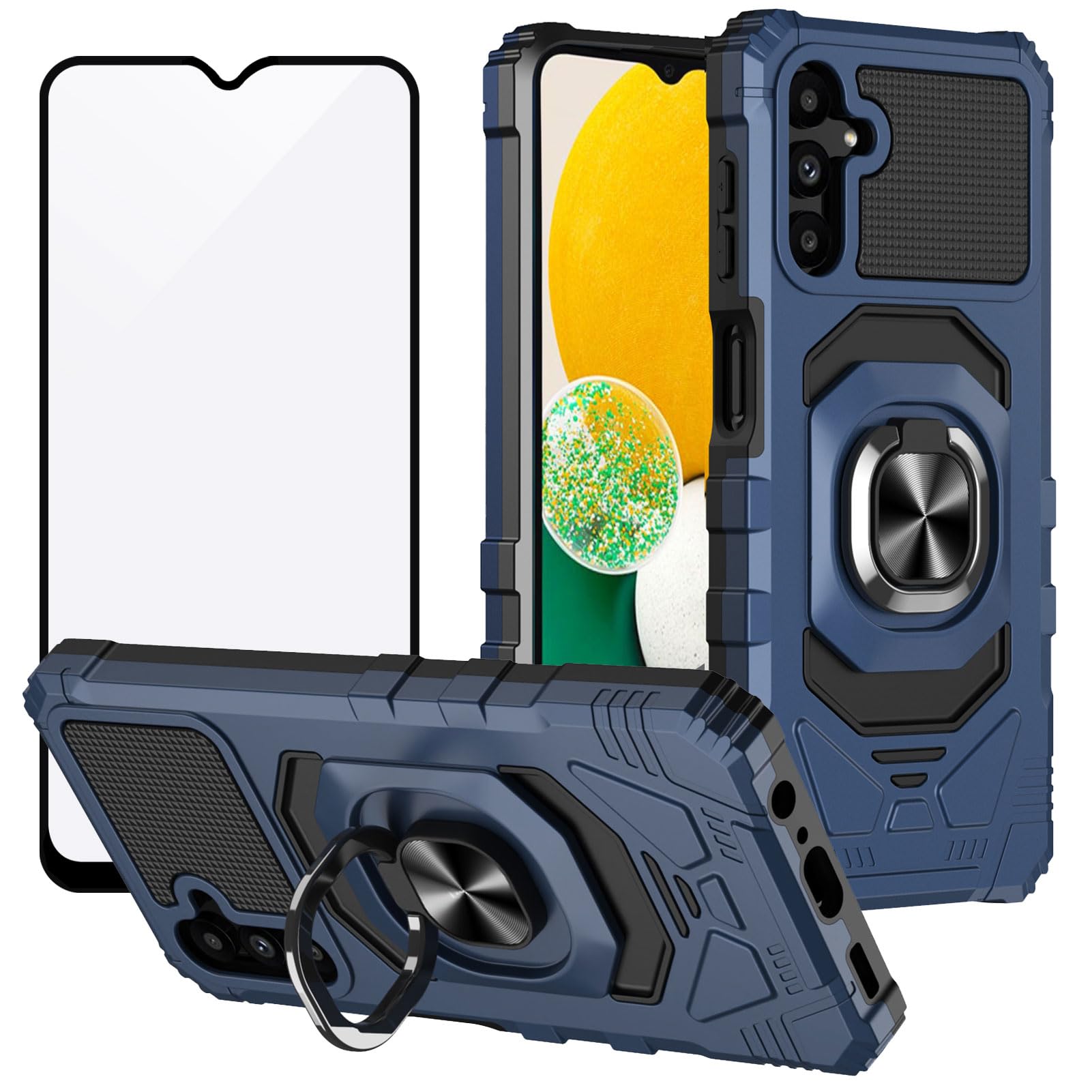 Ailiber Samsung Galaxy A15 5G Phone Case, Heavy Duty Protective Cover with Ring Kickstand, Tempered Glass Screen Protector, Compatible with SM-A156B,