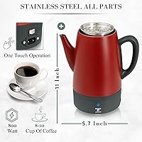Vista 5 de Moss & Stone Percoladora de café eléctrica, cuerpo rojo con tapa de acero inoxidable, cafetera eléctrica percoladora, cafetera roja para campamento