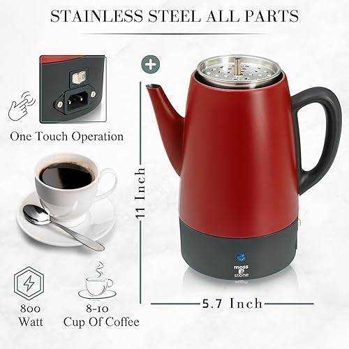 Miniatura 5 de Moss & Stone Percoladora de café eléctrica, cuerpo rojo con tapa de acero inoxidable, cafetera eléctrica percoladora, cafetera roja para campamento,