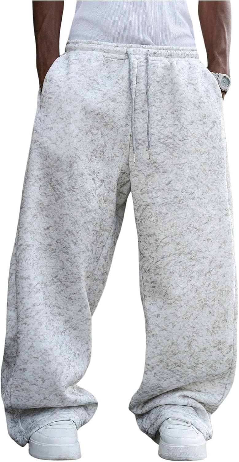 OYOANGLE Men's Fleece Sweatpants Drawstring Waist Loose Wide Leg Pants with Pockets Streetwear
