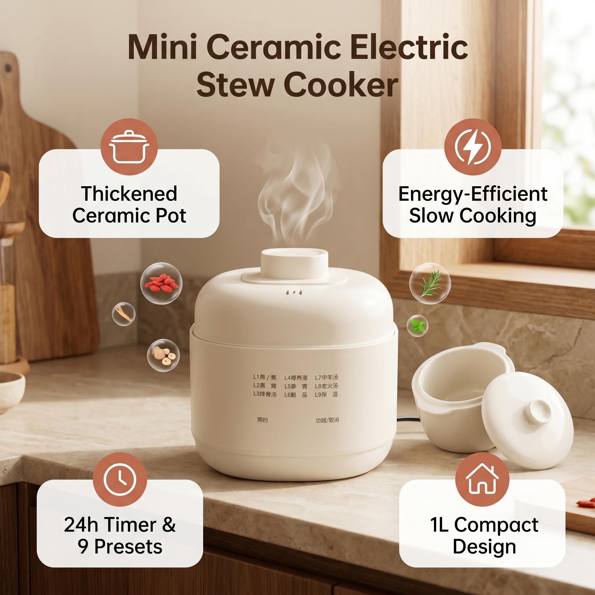 Cuiseur à Soupe en Céramique 1 L, Petite Mijoteuse avec Protection contre la Surchauffe, Fonction de Maintien au Chaud avec Couvercle Minuteur, Faitout électrique pour la (Prise