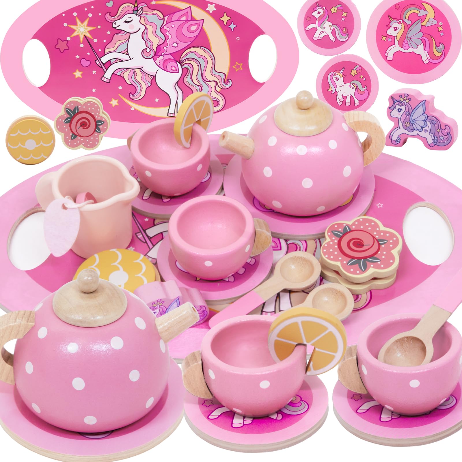 Unicorno Set da Tè Giochi in Legno, Accessori Cucina Bambini Legno, Gioco Ruolo Tea Party Montessori Educativo, Unicorno Bambina Regalo 2 3 4 5 6 Anni, Giocattoli Giochi Bambina Bimba 2 3 4 5 6 Anni