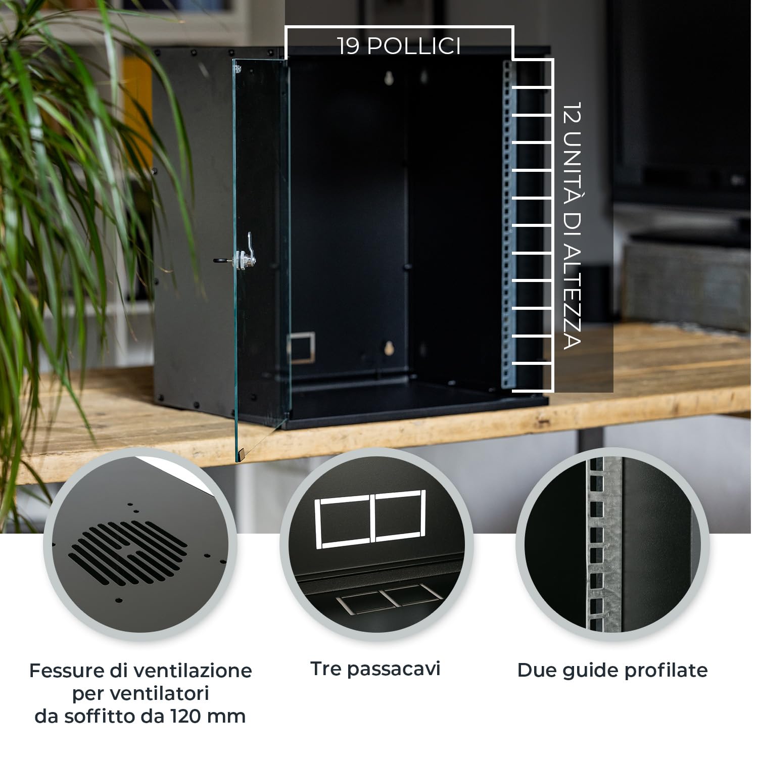 HMF 65712-02 Armadio rack 19 pollici, 12U, 400mm, porta in vetro, nero